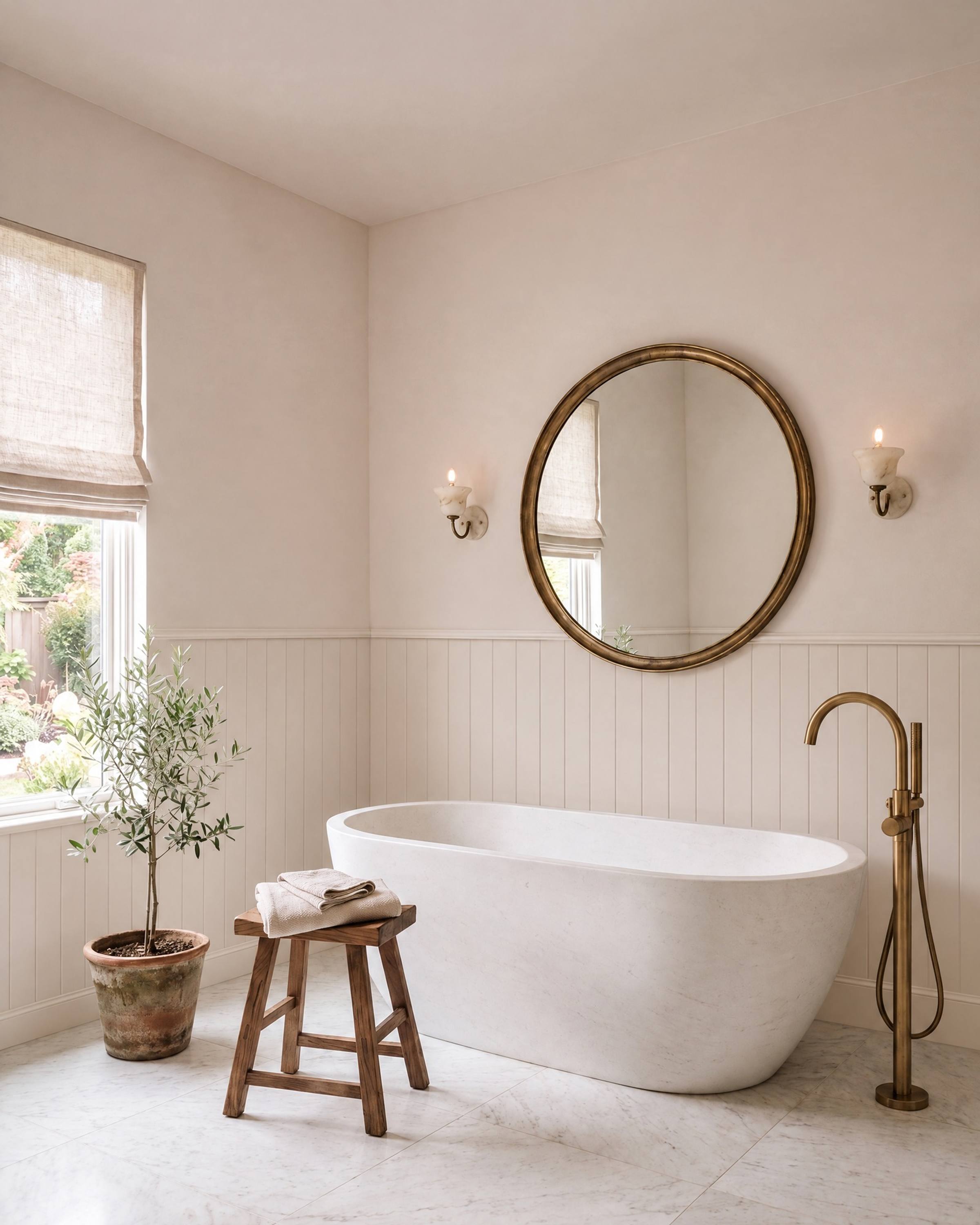 A warm white bathroom with a stone tub and brass filler, painted beadboard wainscoting added to the walls under a cap rail behind the tub