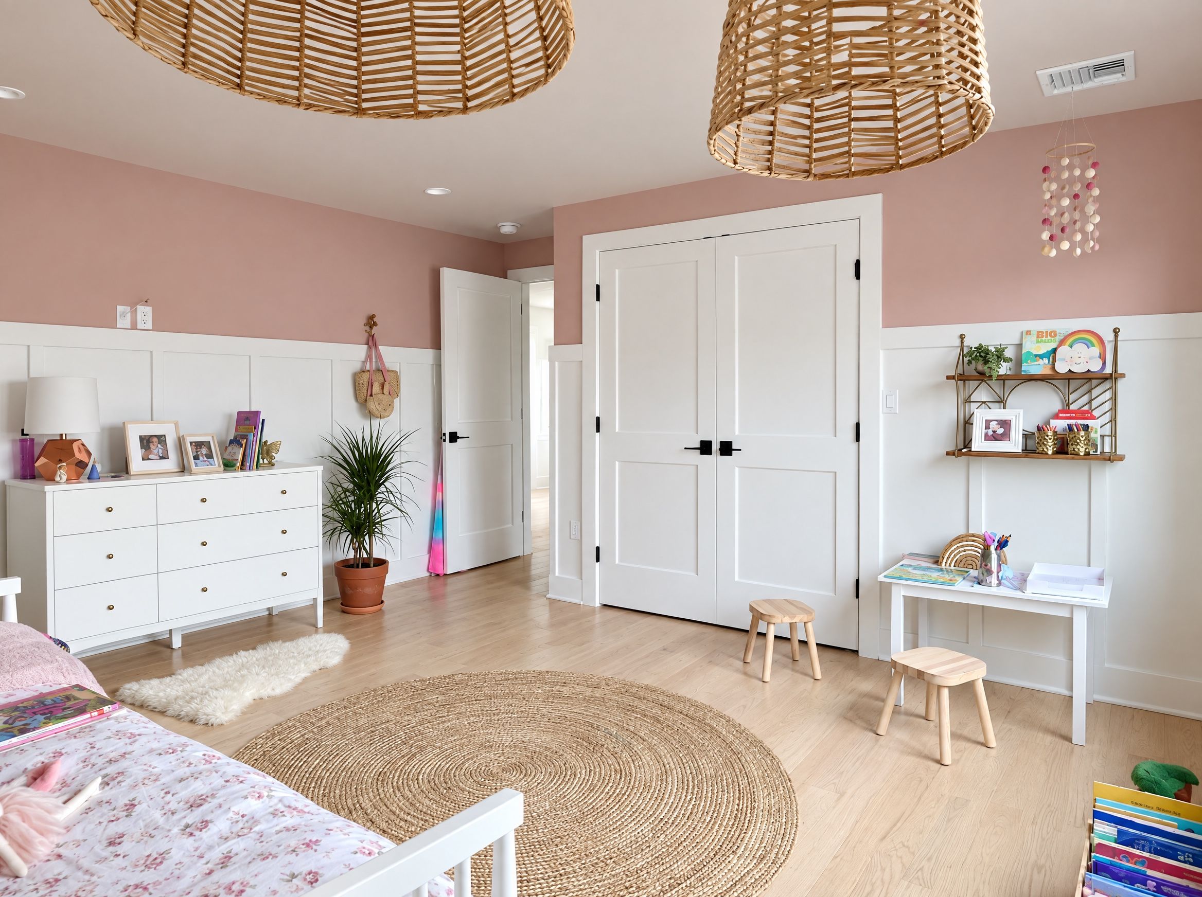 The girls' bedroom: rose walls over white wainscoting, rattan pendants, a round jute rug