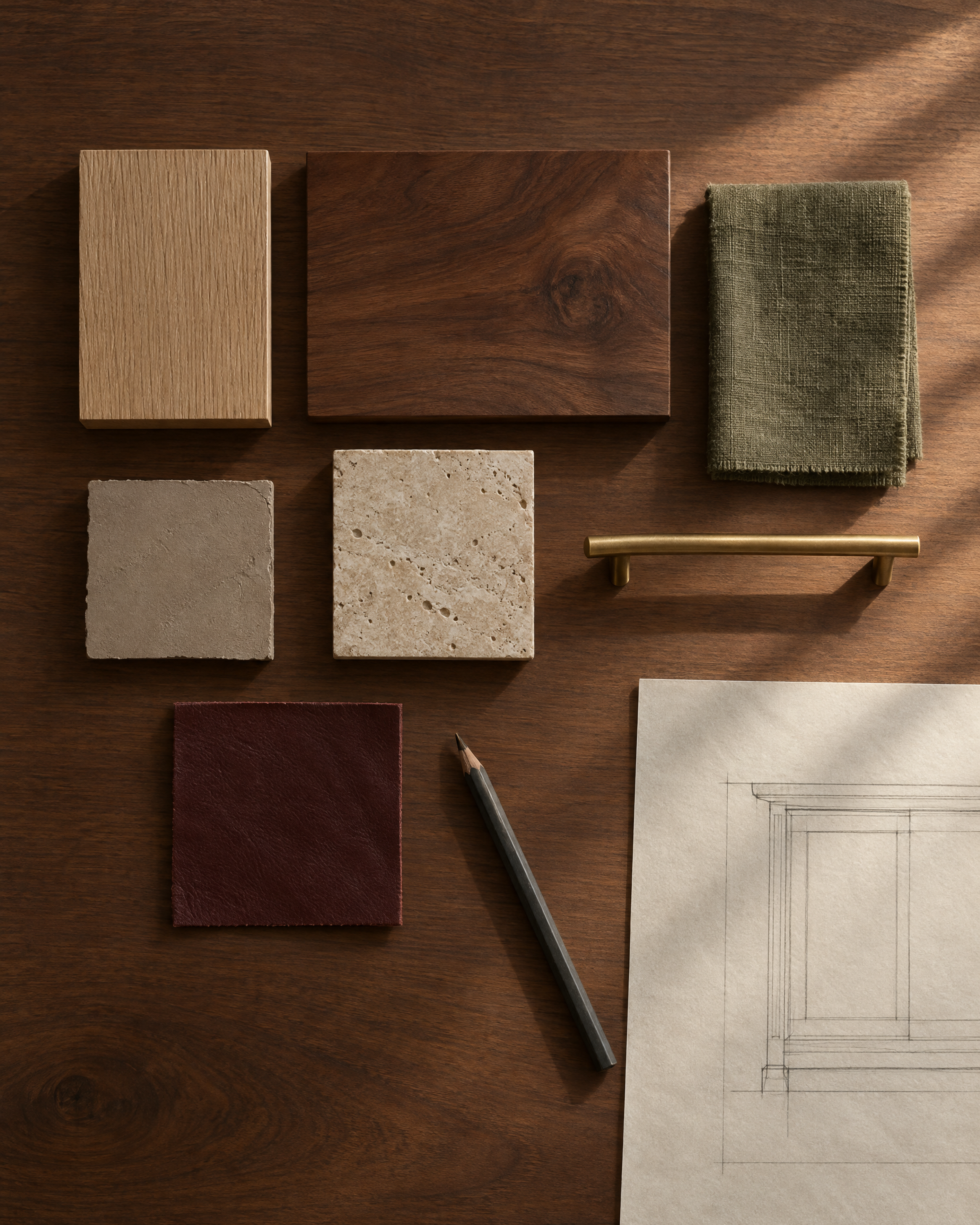 Wood, stone, linen and brass samples laid over a graphite millwork drawing on a walnut table