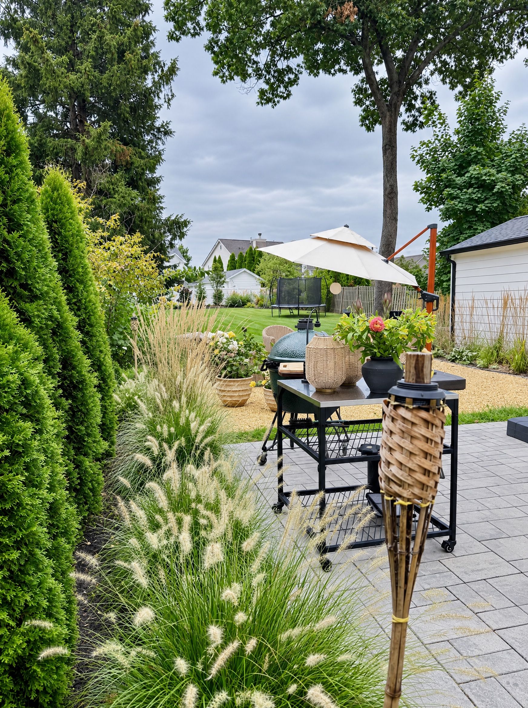 Fountain grasses and a tiki torch along the garden path to the seating area