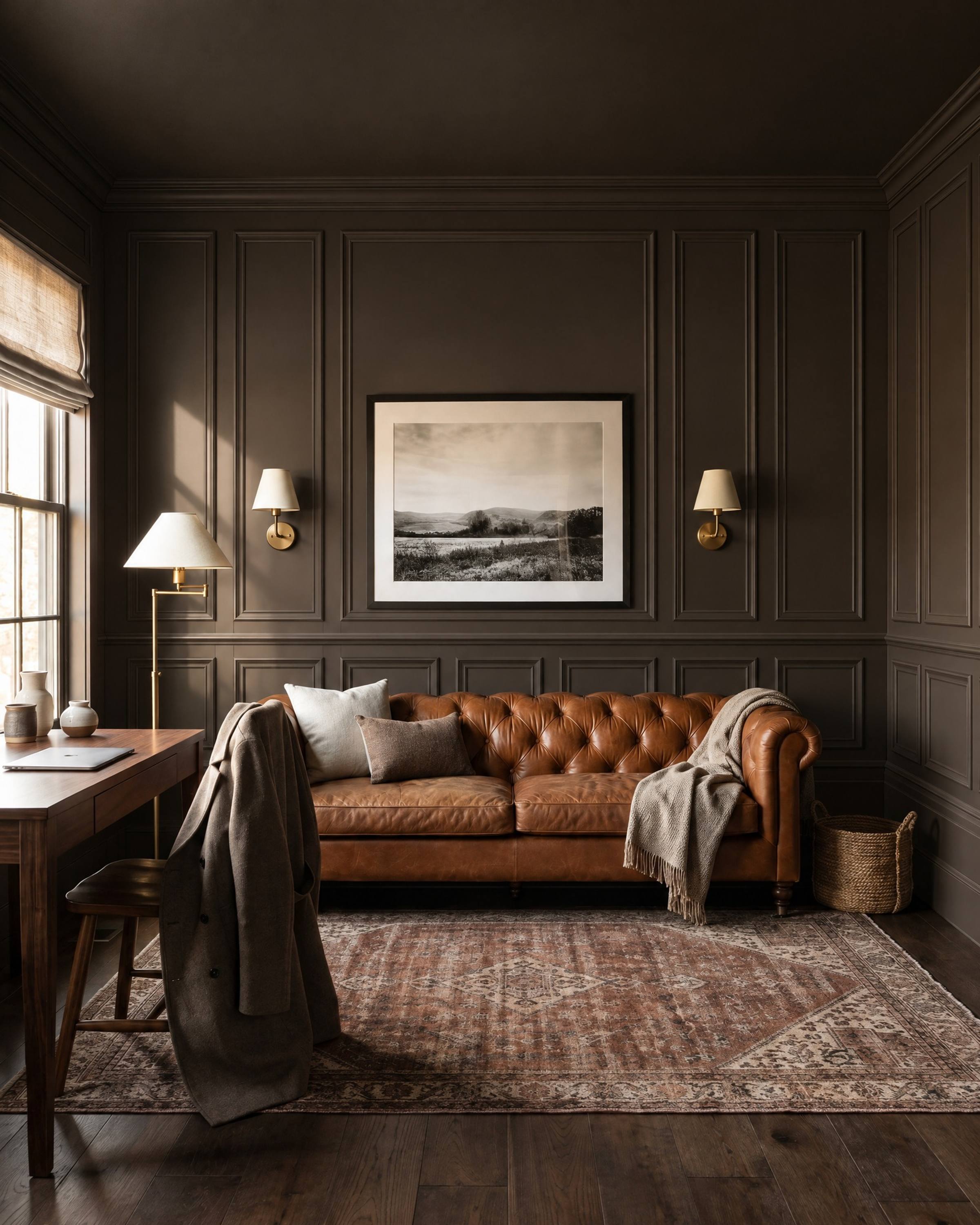 A brown-black study with a cognac leather chesterfield, tall narrow panels of molding across the wall around a framed photograph and two brass sconces, with a crown above
