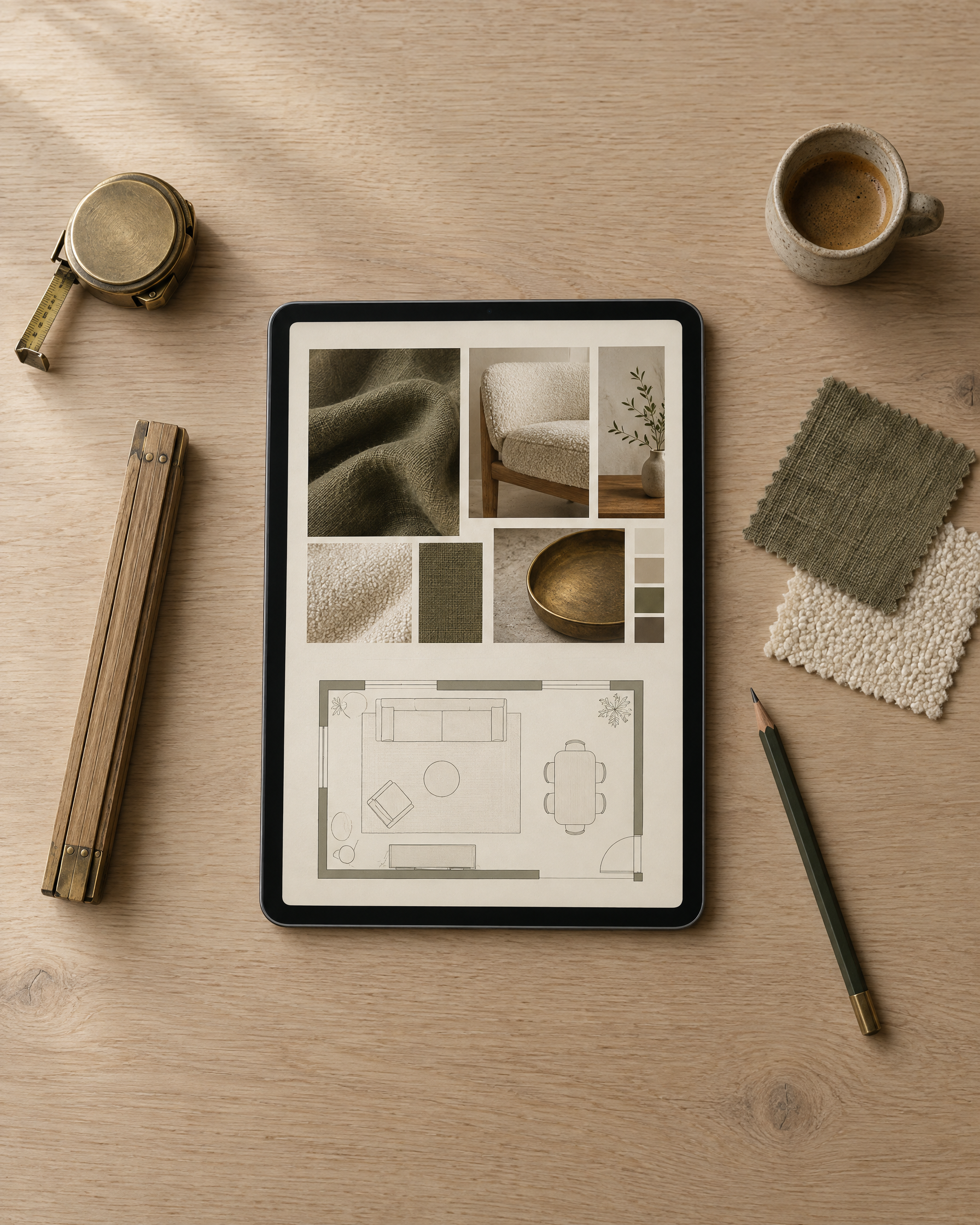 A tablet showing a design book beside a tape measure, fabric swatches and a pencil on a white oak table
