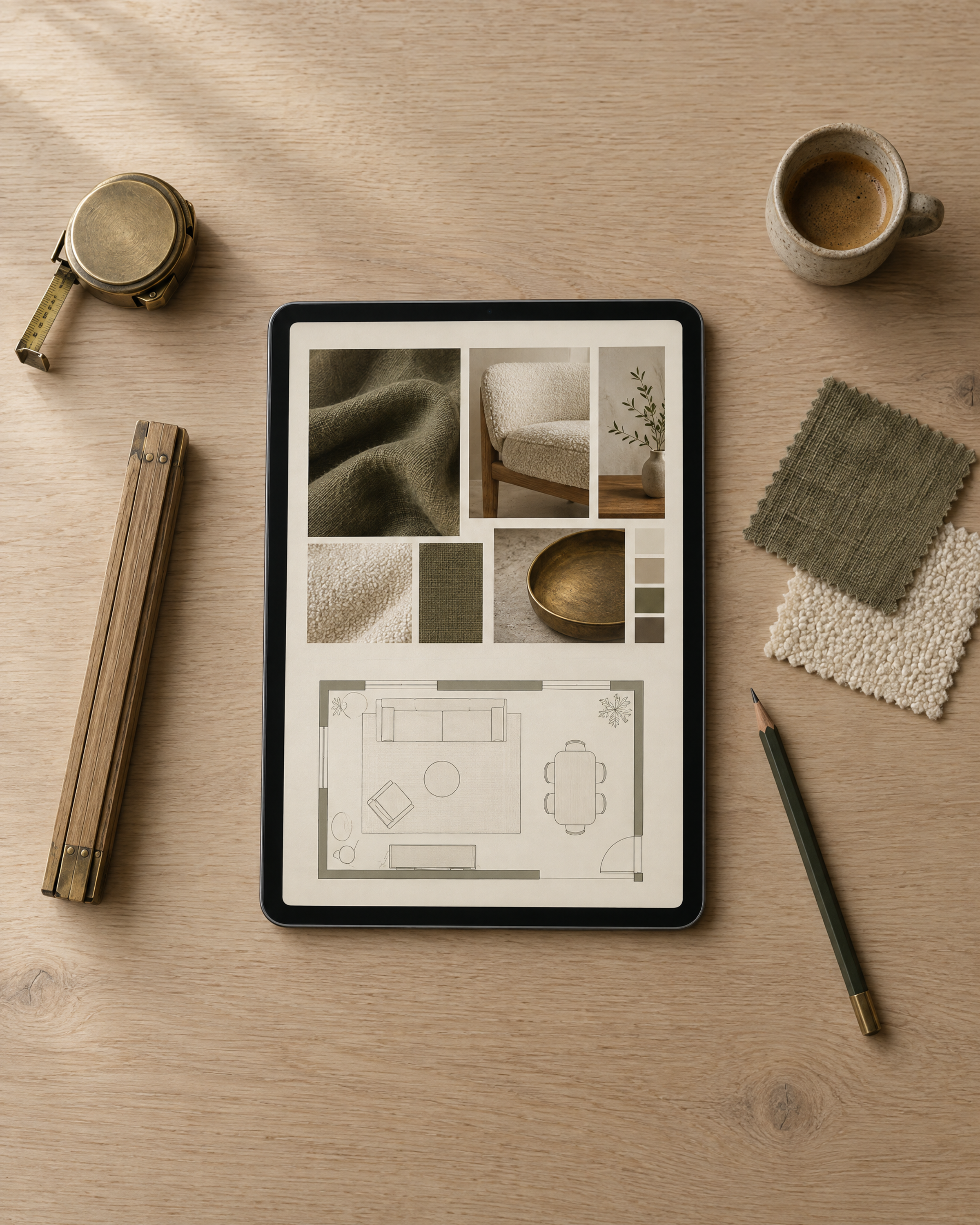 A tablet showing a design book beside a tape measure, fabric swatches and a pencil on a white oak table