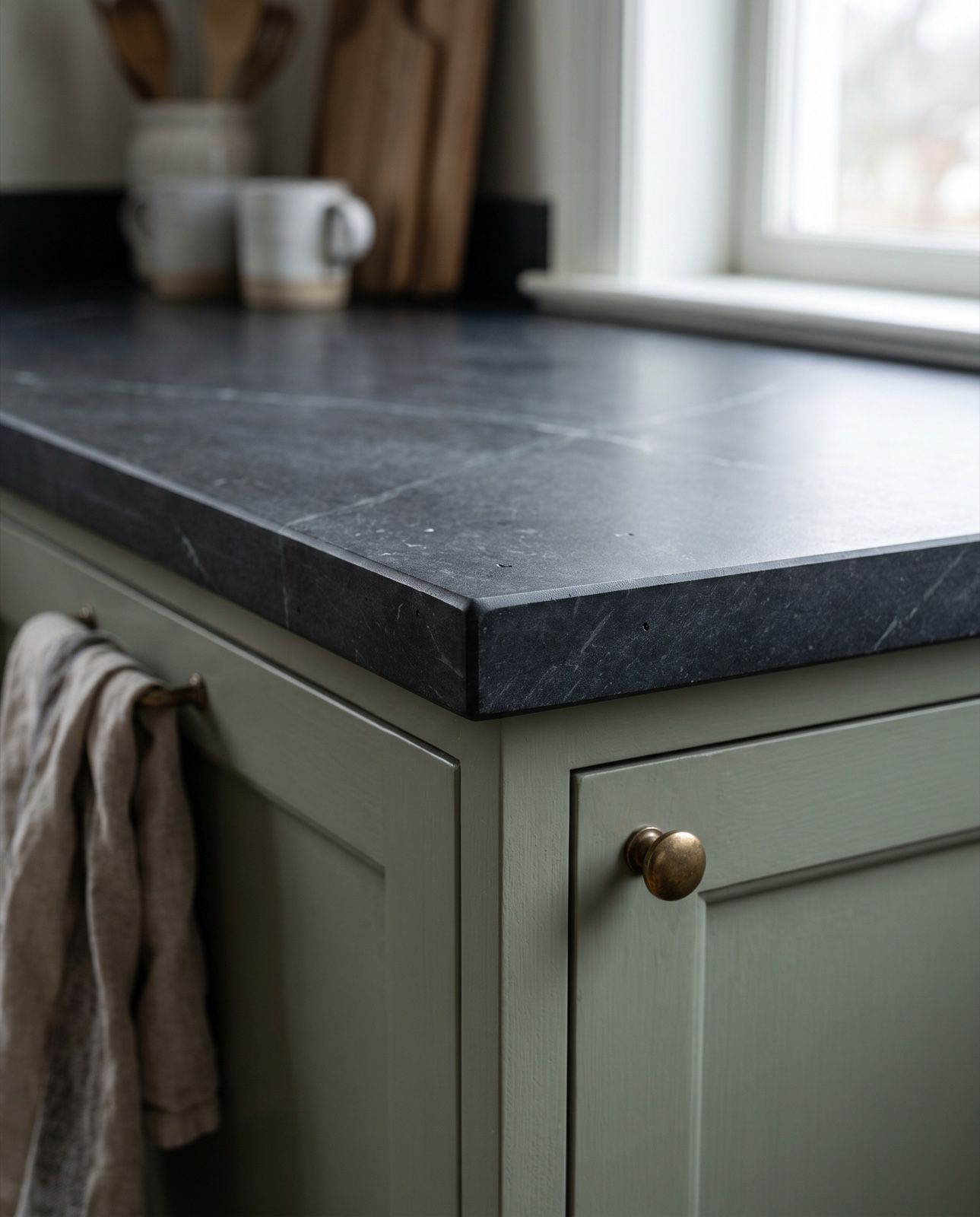 A square, slightly softened edge on a dark soapstone countertop over sage green cabinets
