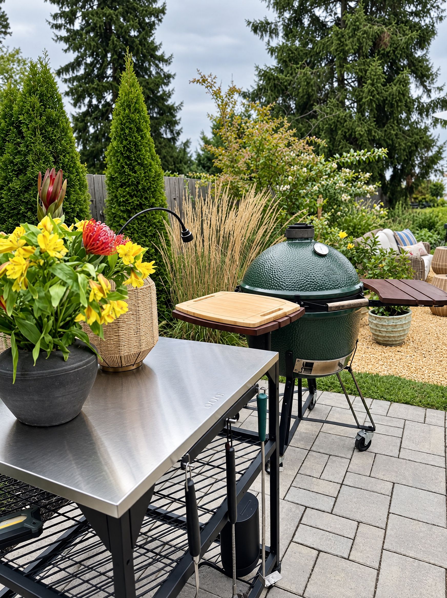 The grill station: flowers on the cart and the green kamado grill