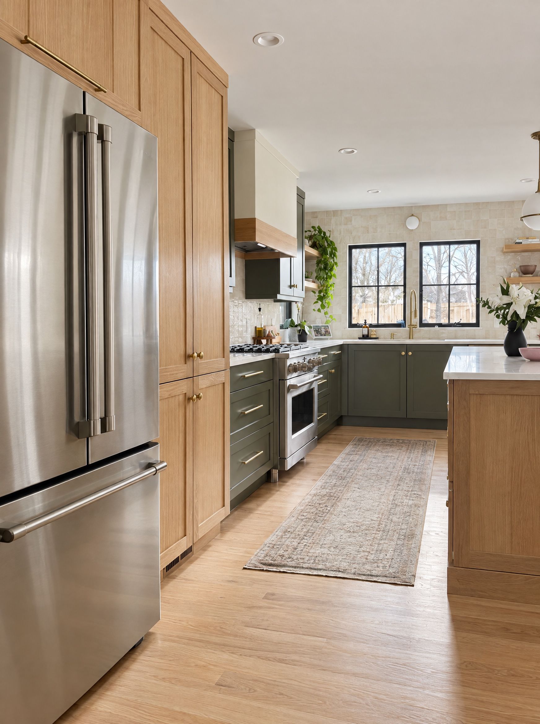 The kitchen from the pantry wall: oak tall cabinets, the green range wall and the island