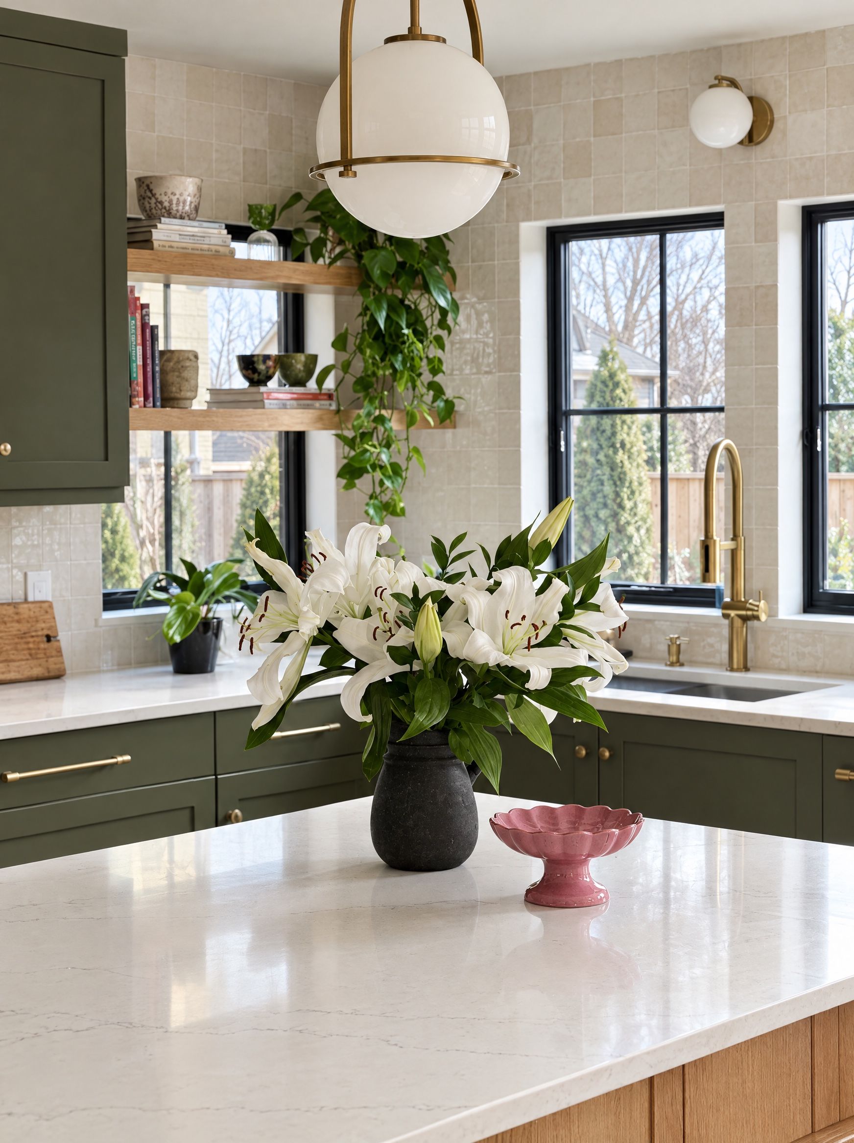 White lilies in a black vase on the kitchen island under a globe pendant