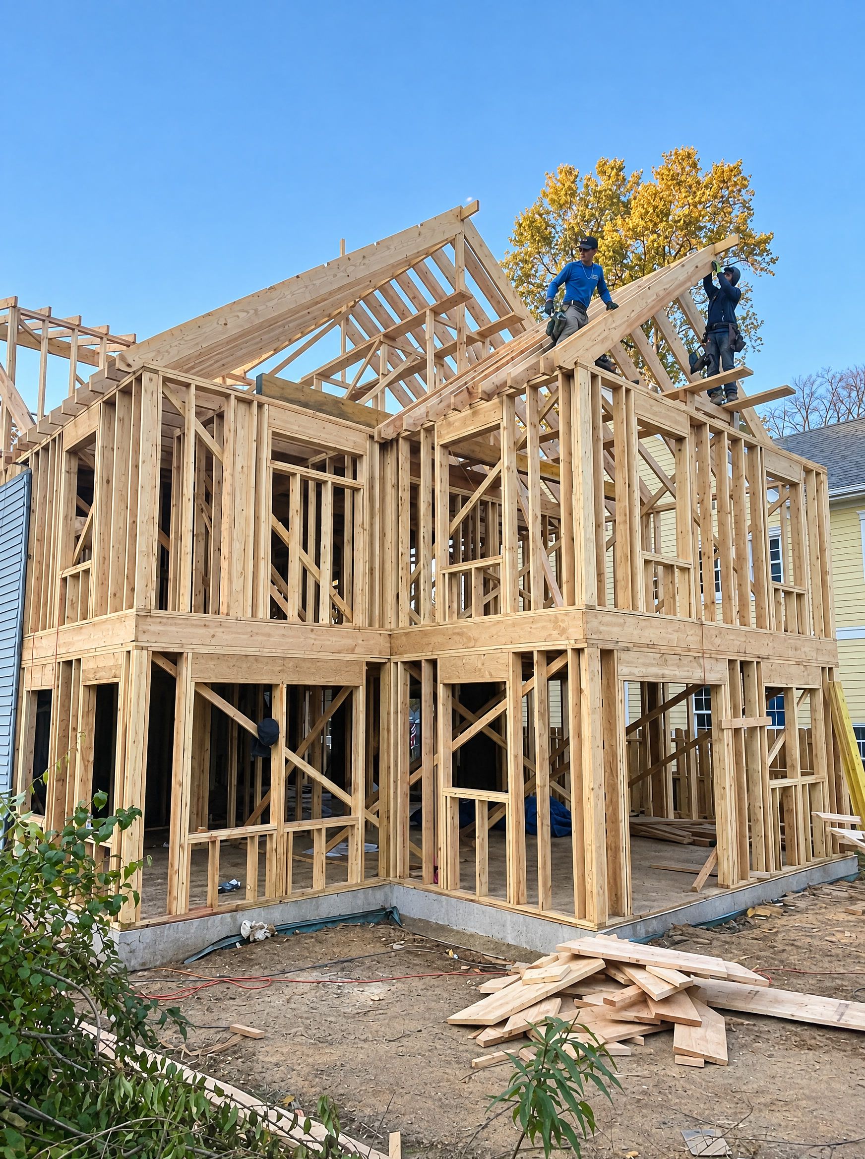 The addition framed to two storeys with the rafters going up, two carpenters on the ridge