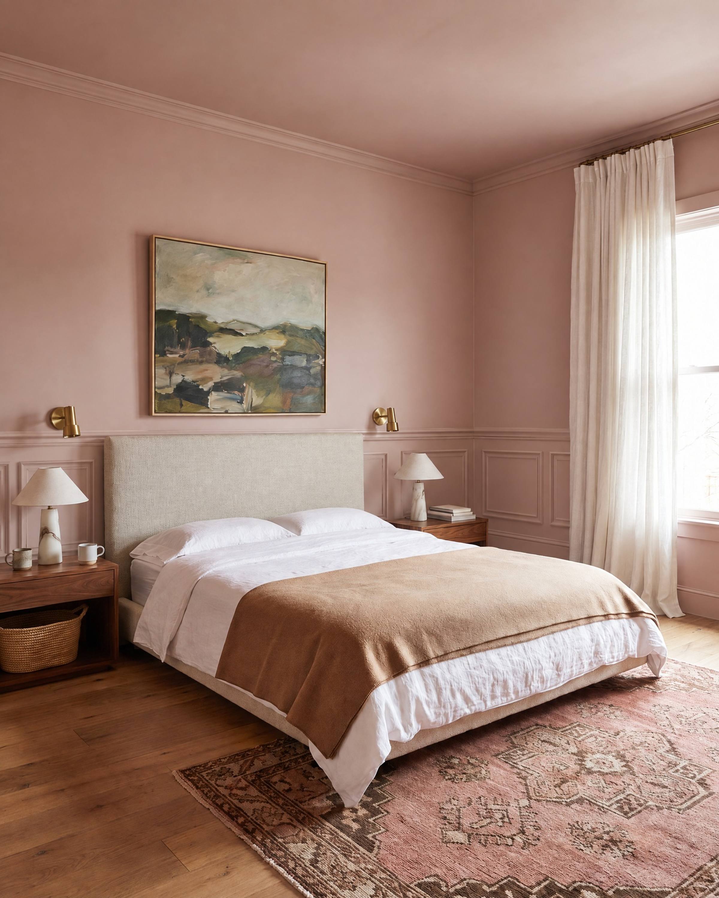 A plaster-pink bedroom with a linen headboard and a landscape painting, a chair rail with short panels of molding below it running behind the bed, with a crown above