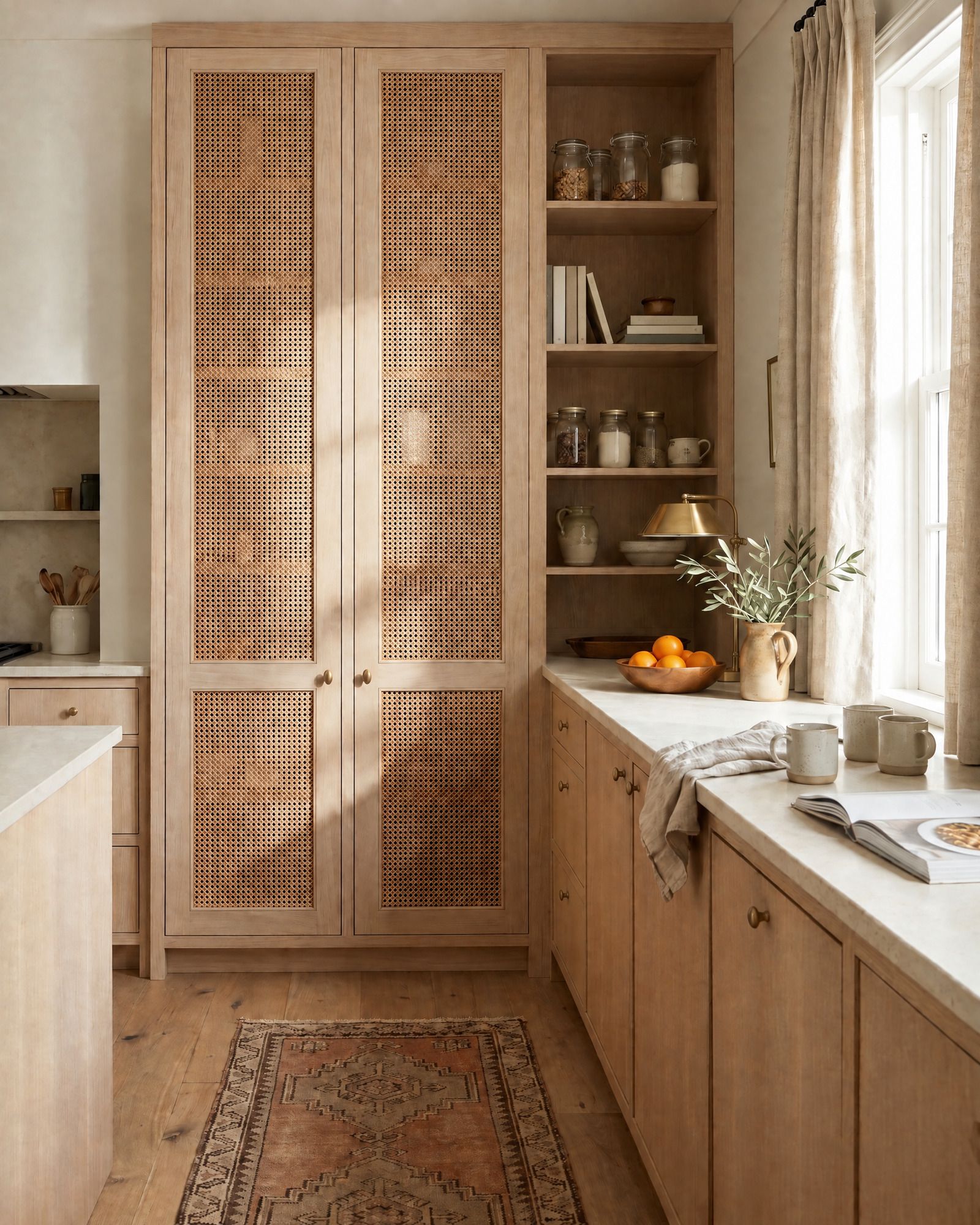 A floor-to-ceiling white oak pantry with cane-webbing doors in oak frames, brass knobs, open shelves with jars beside it and a kilim runner on an oak floor