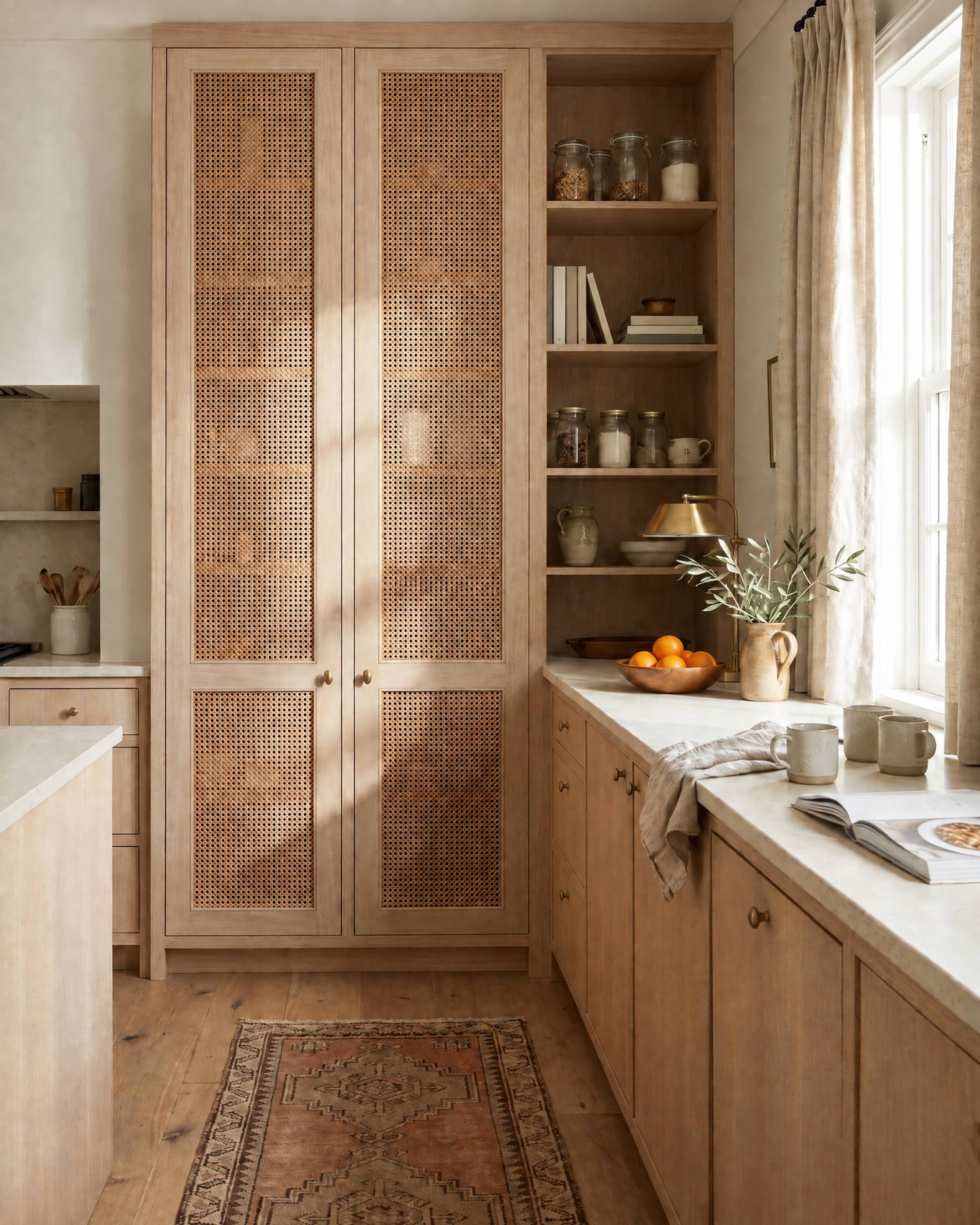A floor-to-ceiling white oak pantry with cane-webbing doors in oak frames, brass knobs, open shelves with jars beside it and a kilim runner on an oak floor