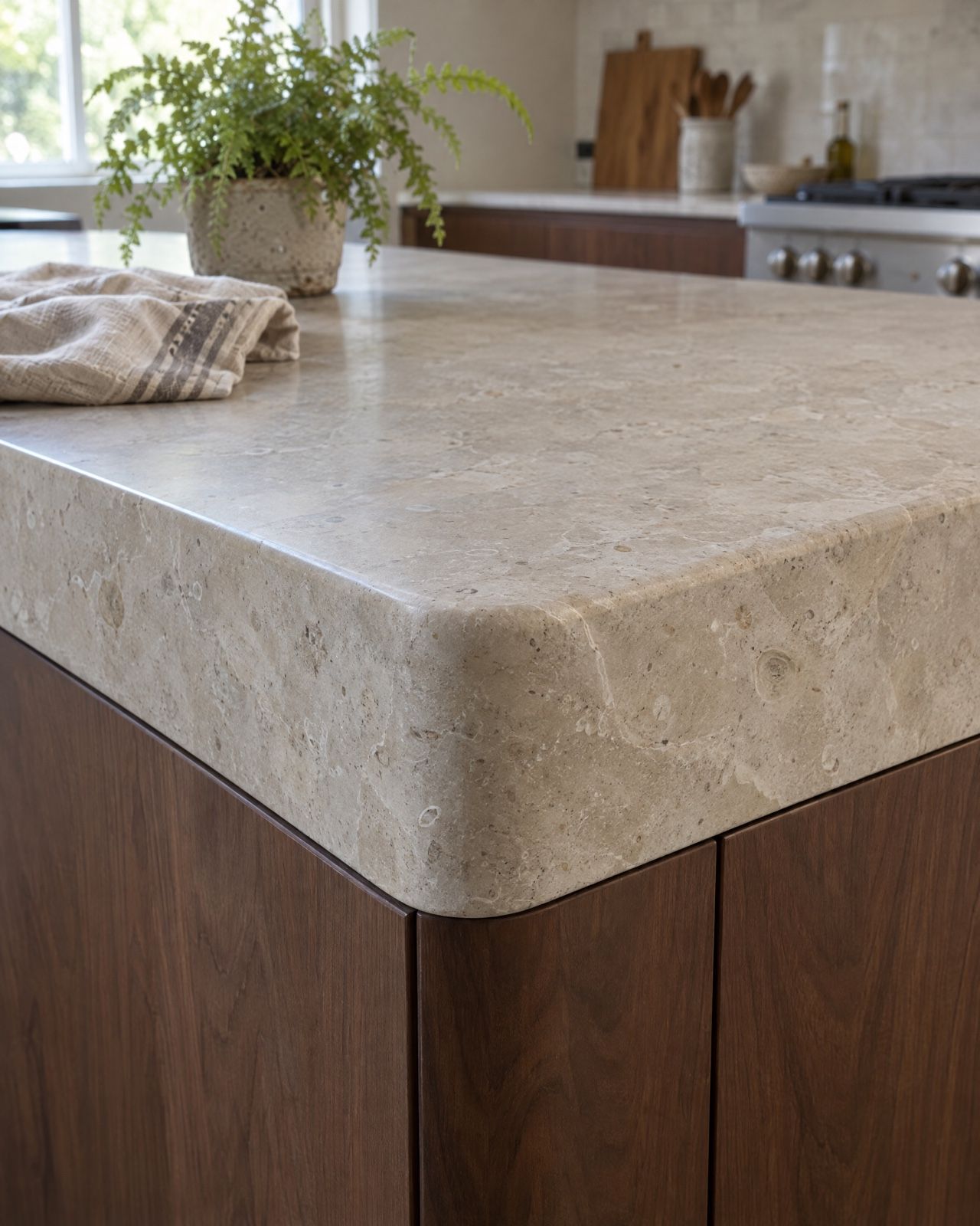 A limestone island top that turns down into a deep apron with a rounded corner, over walnut cabinets