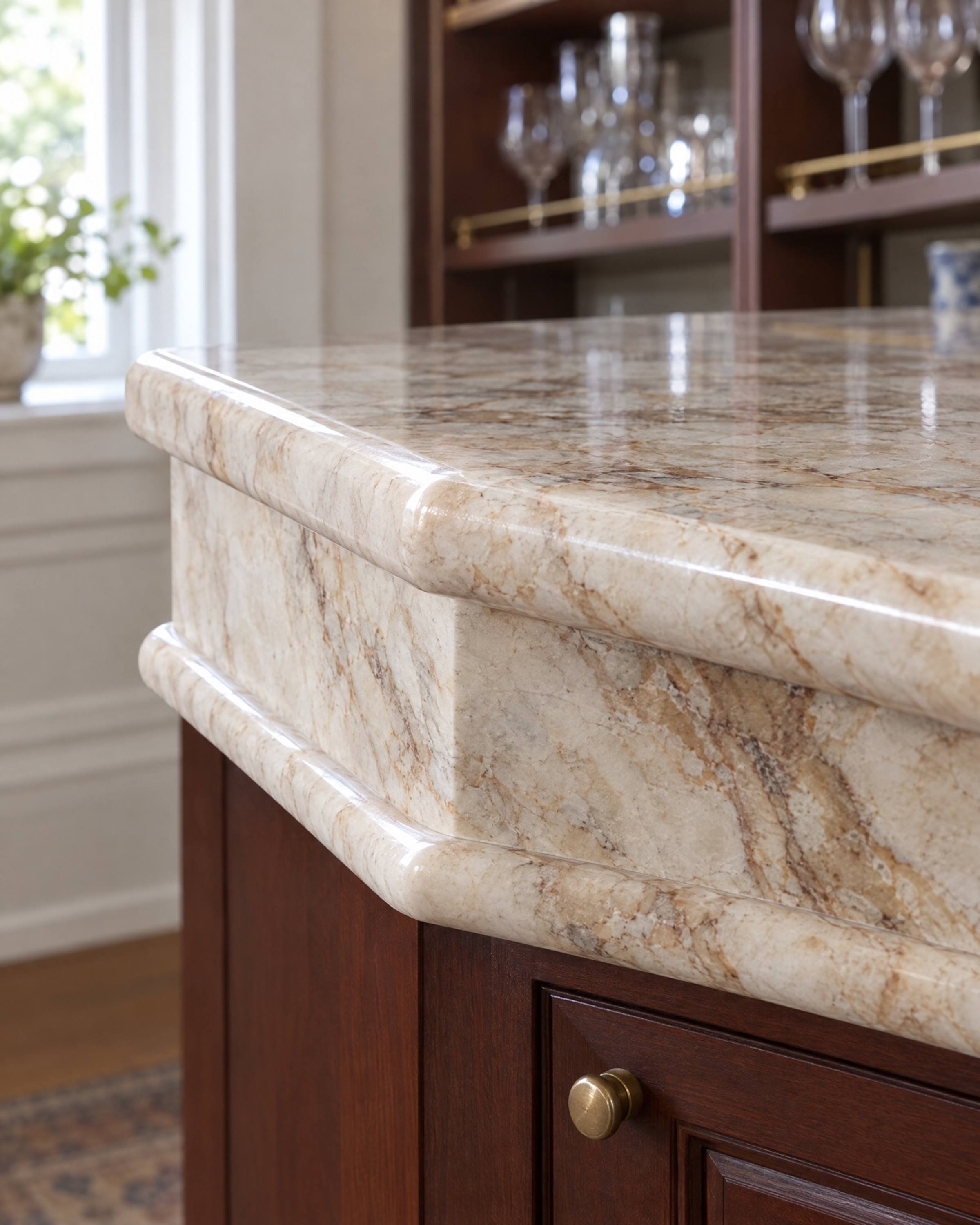 A thick built-up marble countertop edge with a rounded lip at the top and another at the base