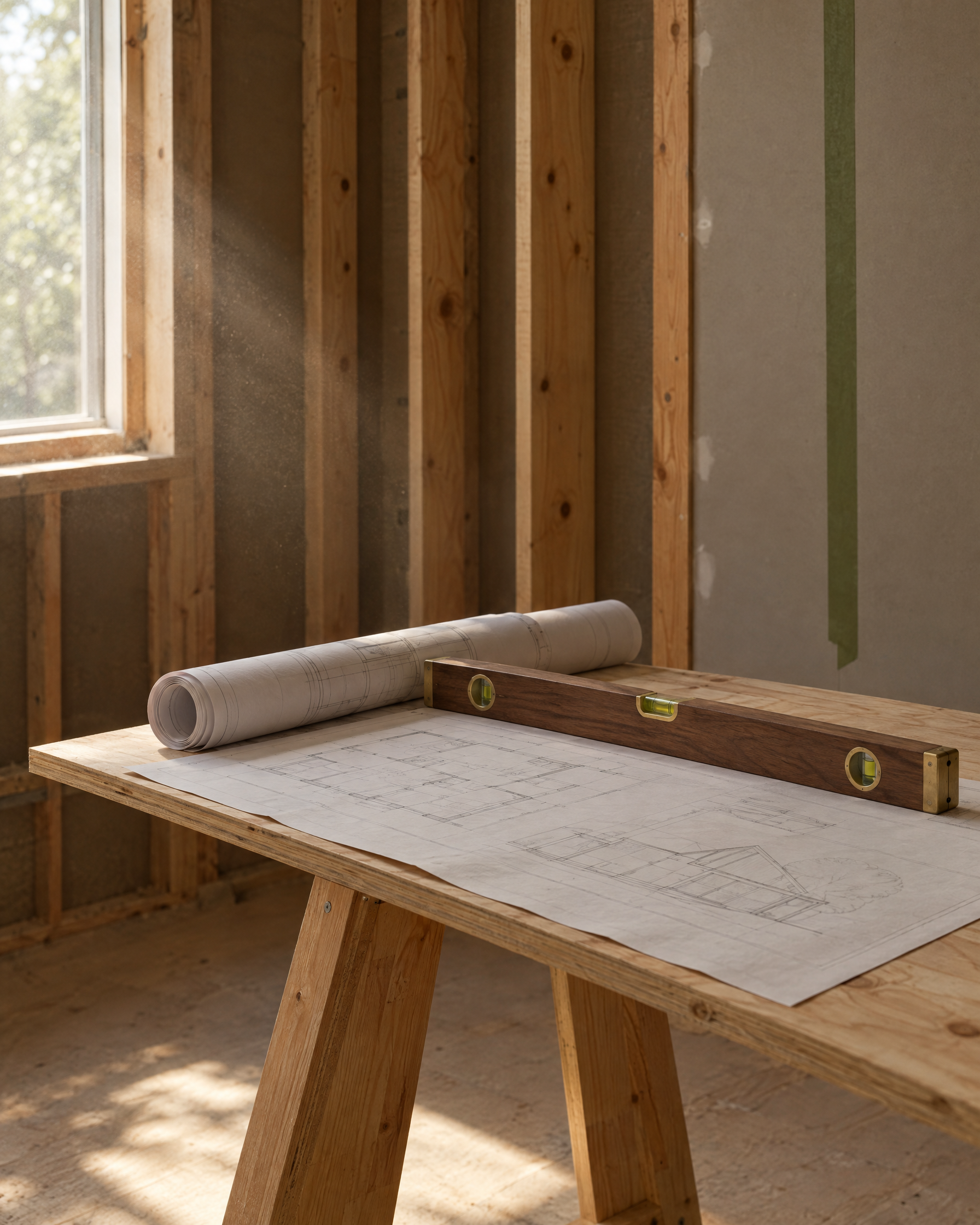 Rolled drawings and a spirit level on a sawhorse in a room framed with exposed studs, light raking through the window opening