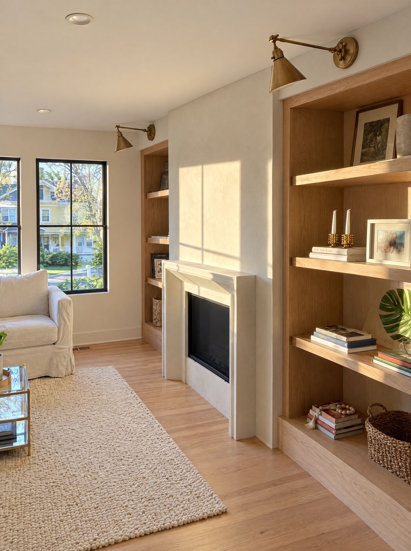 The living room fireplace and window in evening light
