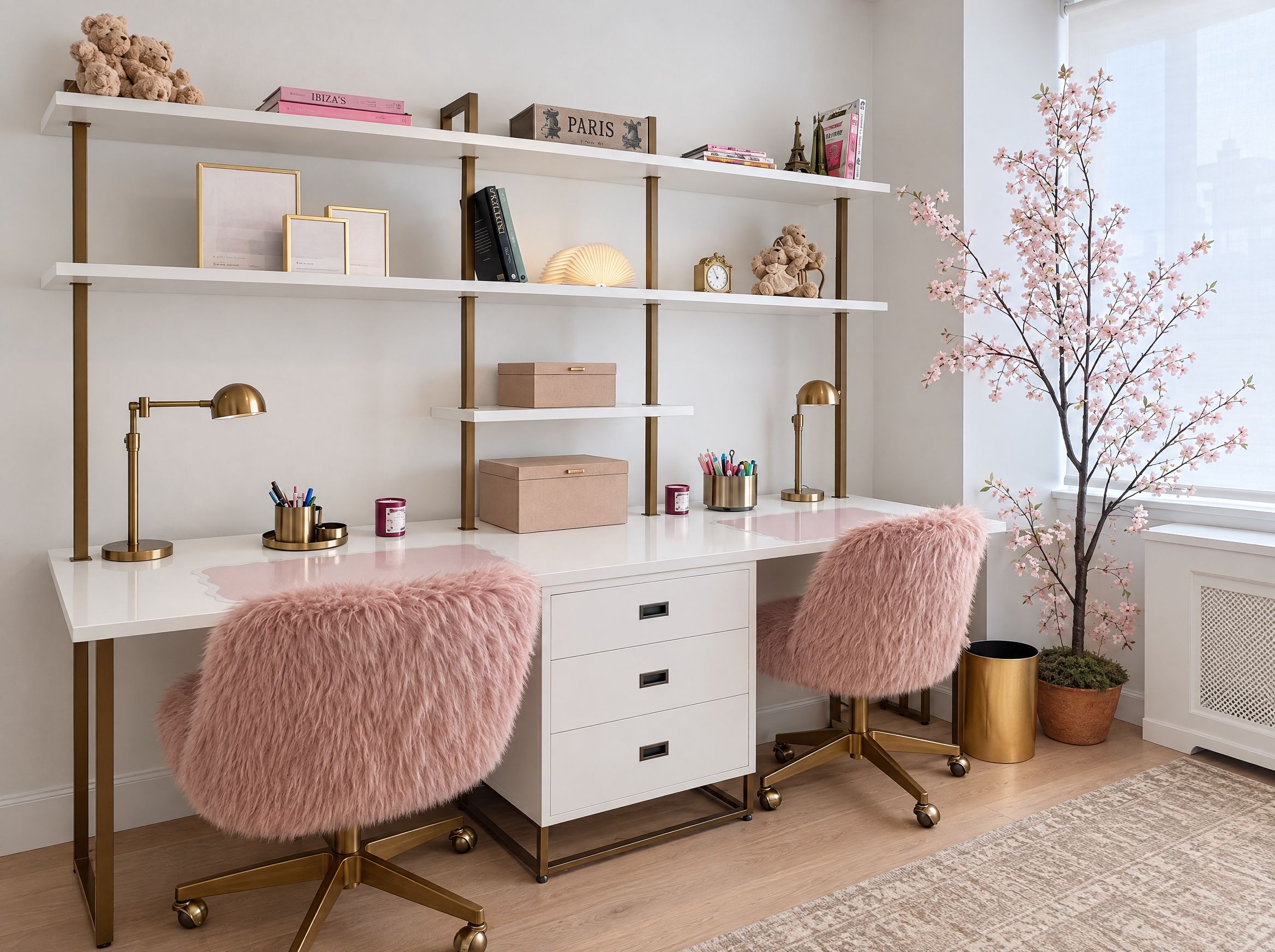 Study wall with a long white desk, two pink faux-fur chairs, brass lamps, shelving and a blossom tree by the window