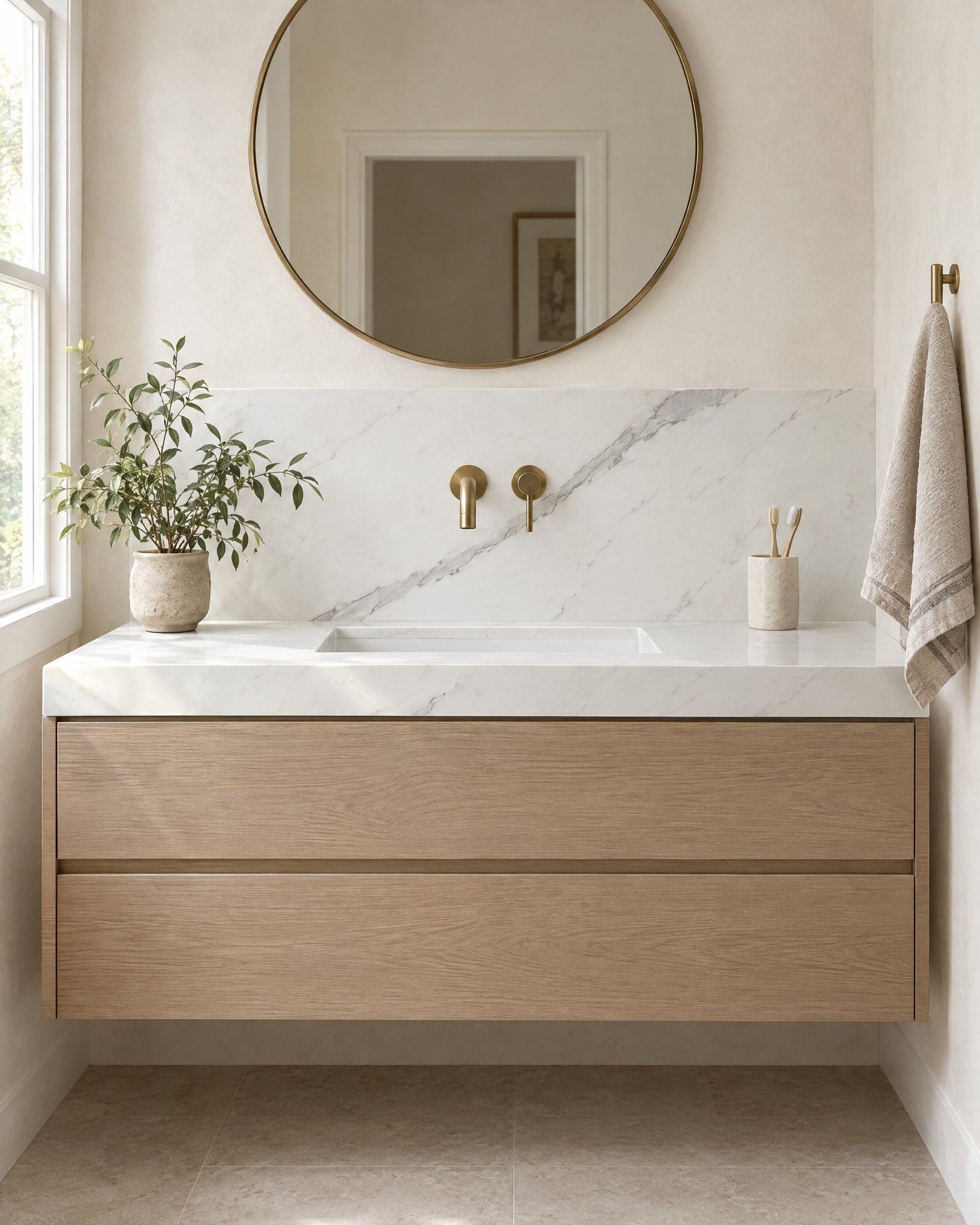 A floating oak bathroom vanity with a slab top and backsplash of bright white Statuario marble with a few sparse grey veins