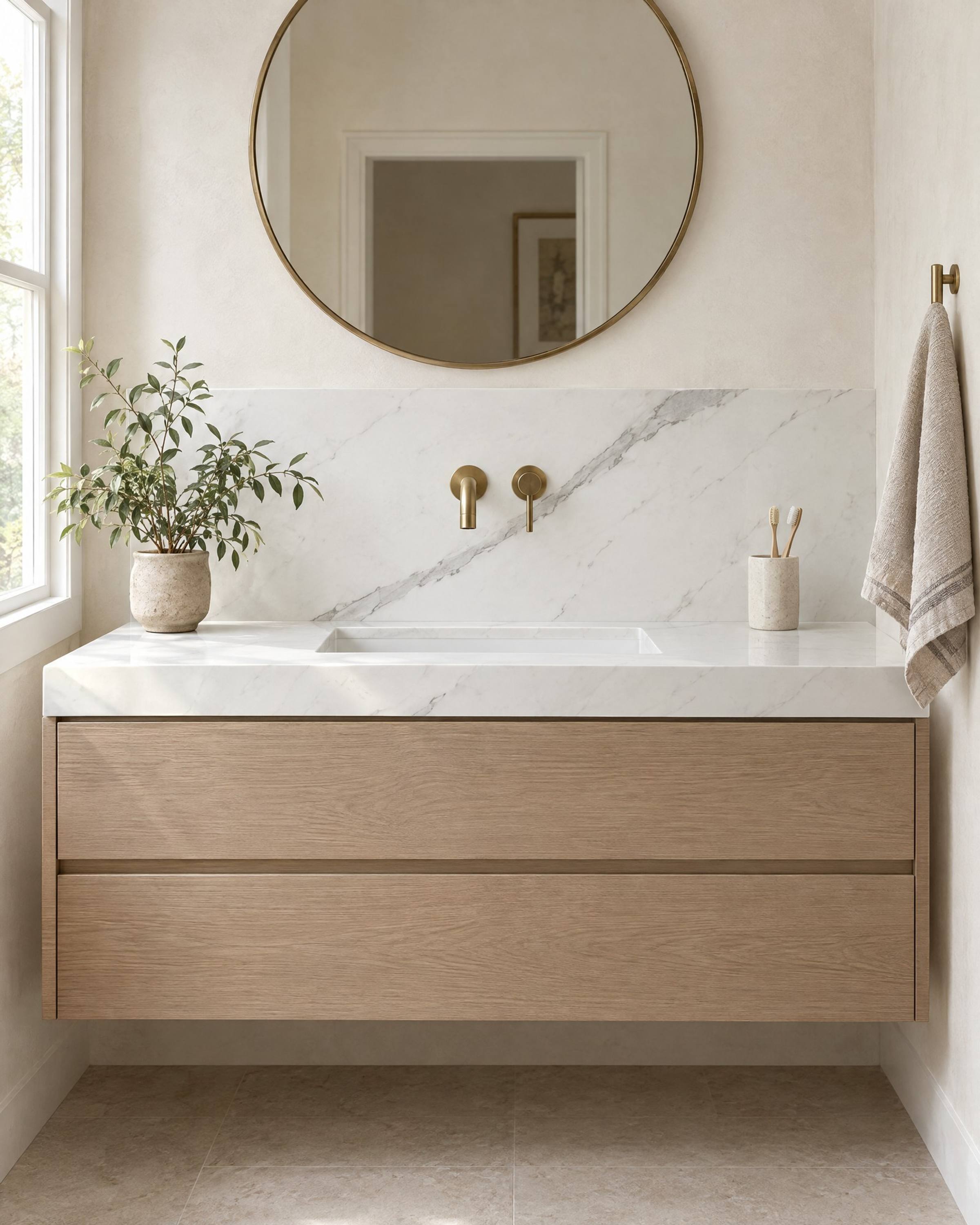 A floating oak bathroom vanity with a slab top and backsplash of bright white Statuario marble with a few sparse grey veins