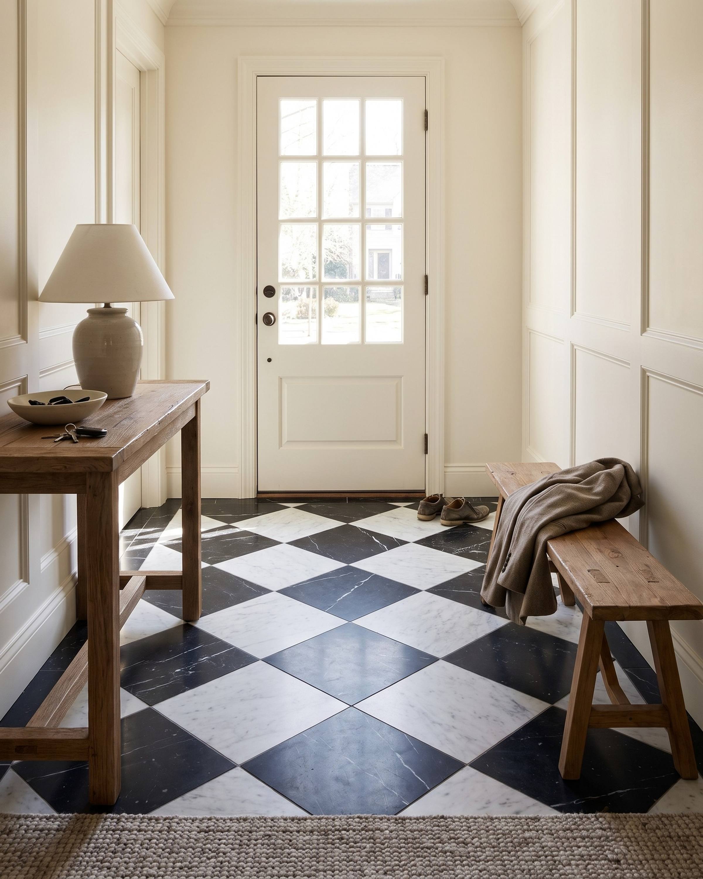 An entry hall with a honed checkerboard floor of black Nero Marquina and white Carrara marble, an oak console and a bench