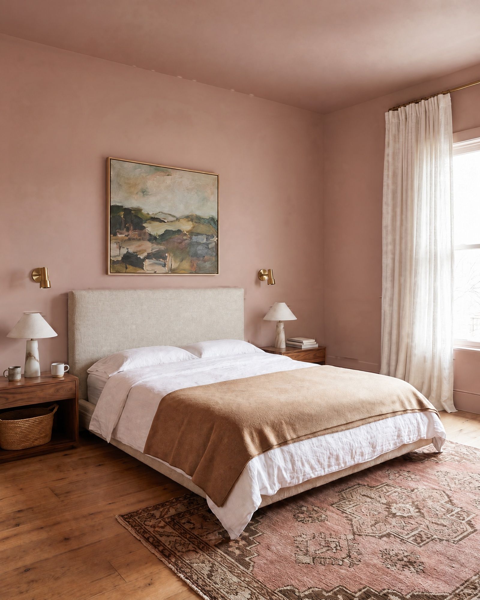 The same plaster-pink bedroom with plain walls