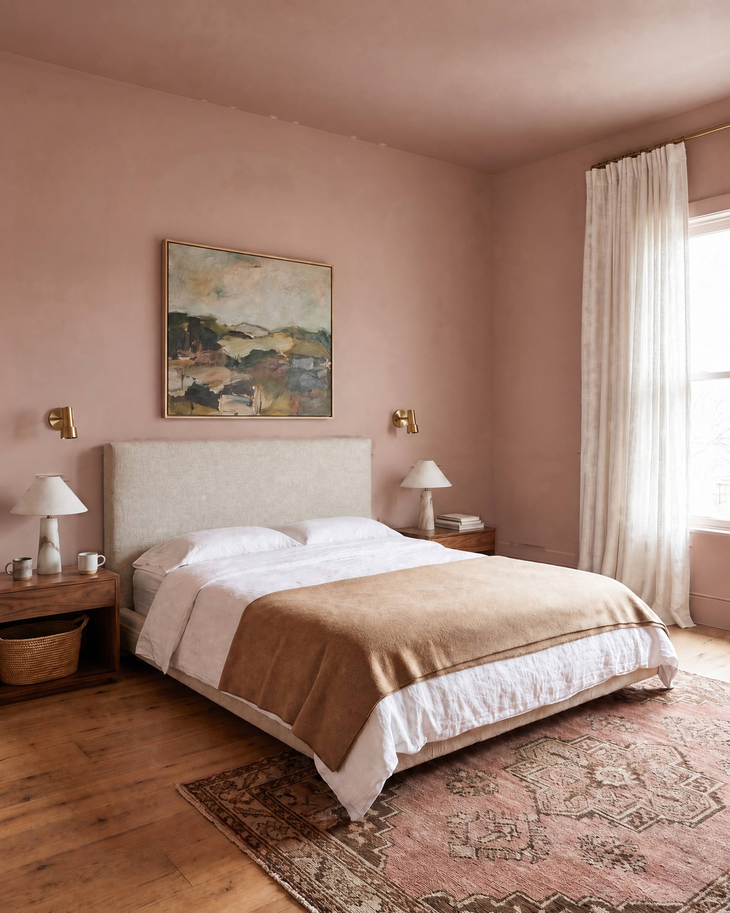 The same plaster-pink bedroom with plain walls