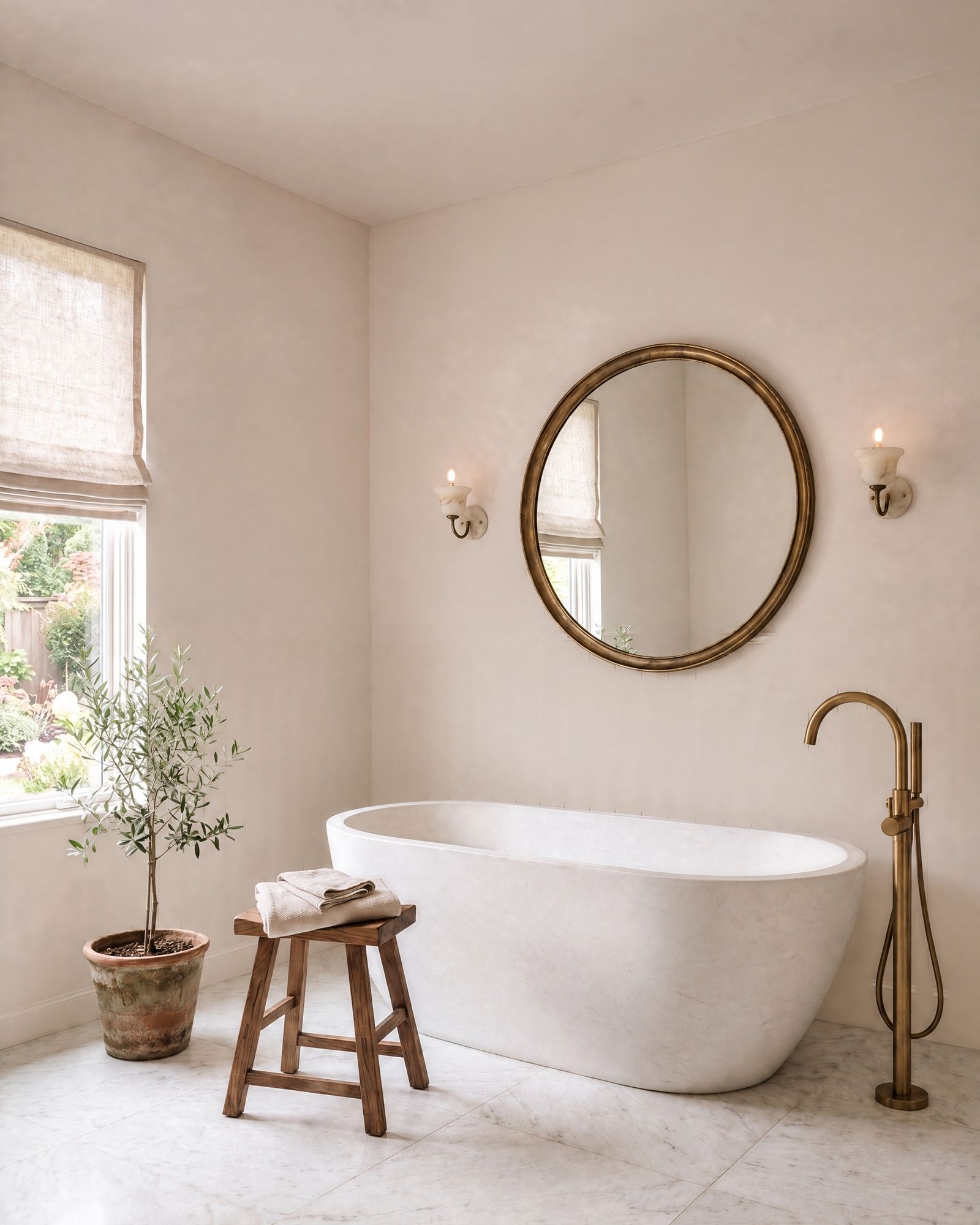 The same warm white bathroom with plain walls