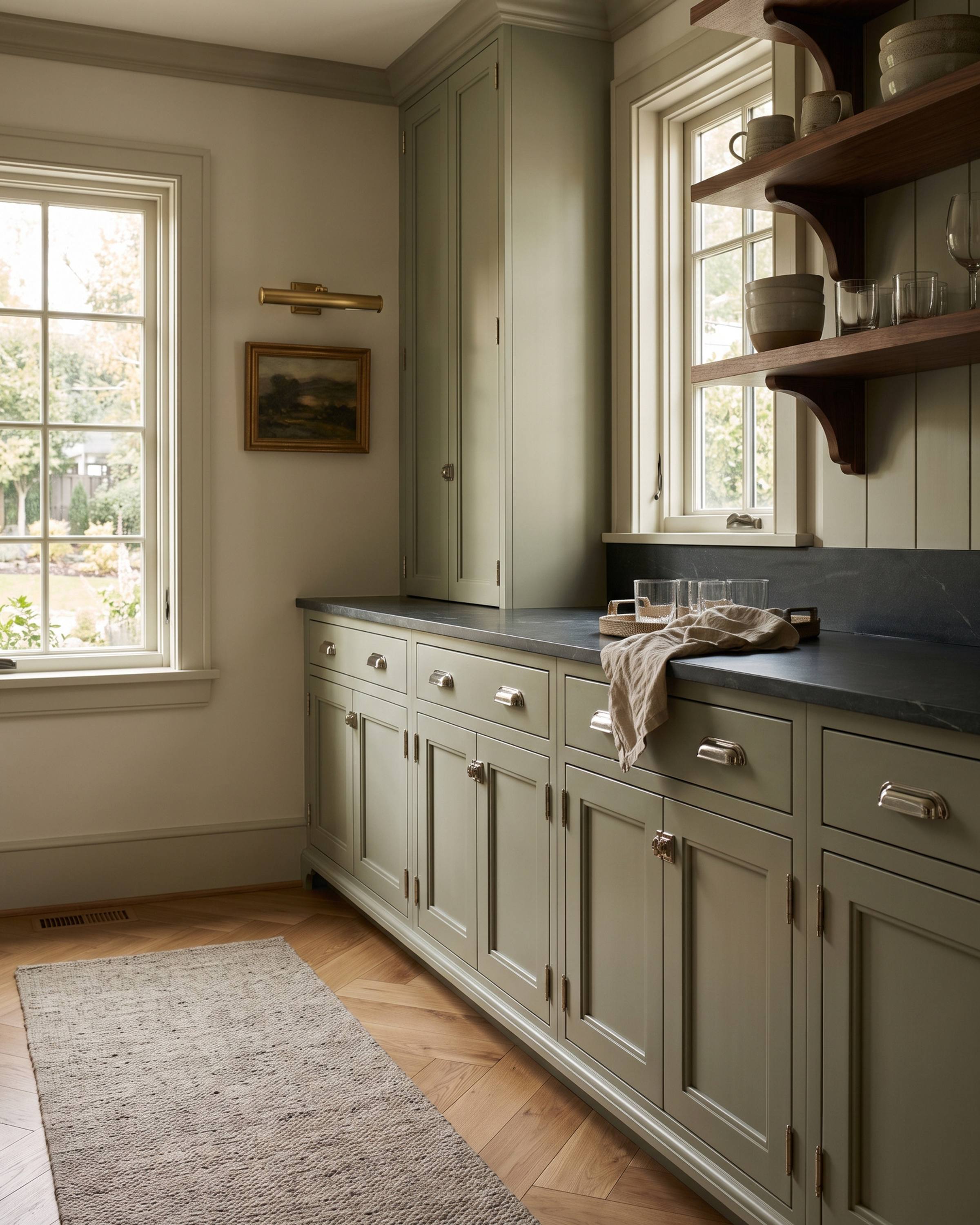 A butler's pantry with beaded inset doors painted sage green, a bead moulding on the face frame, polished nickel latches and butt hinges, a soapstone counter