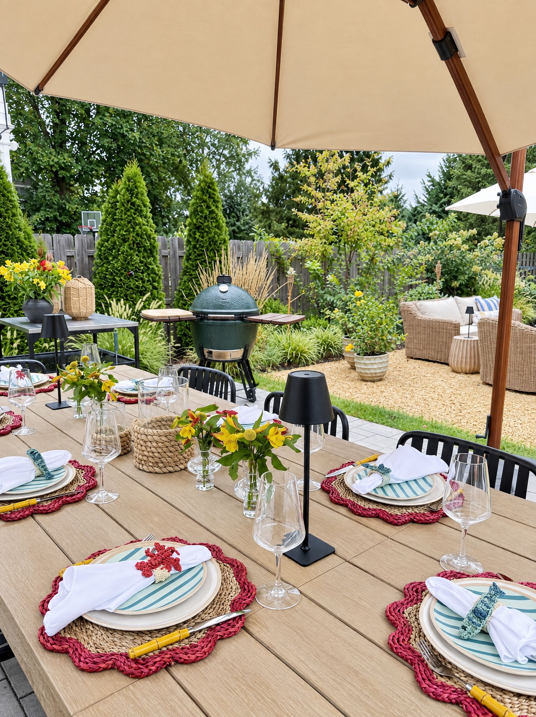 The outdoor table set for dinner: rattan chargers, striped plates, small lamps, the grill behind