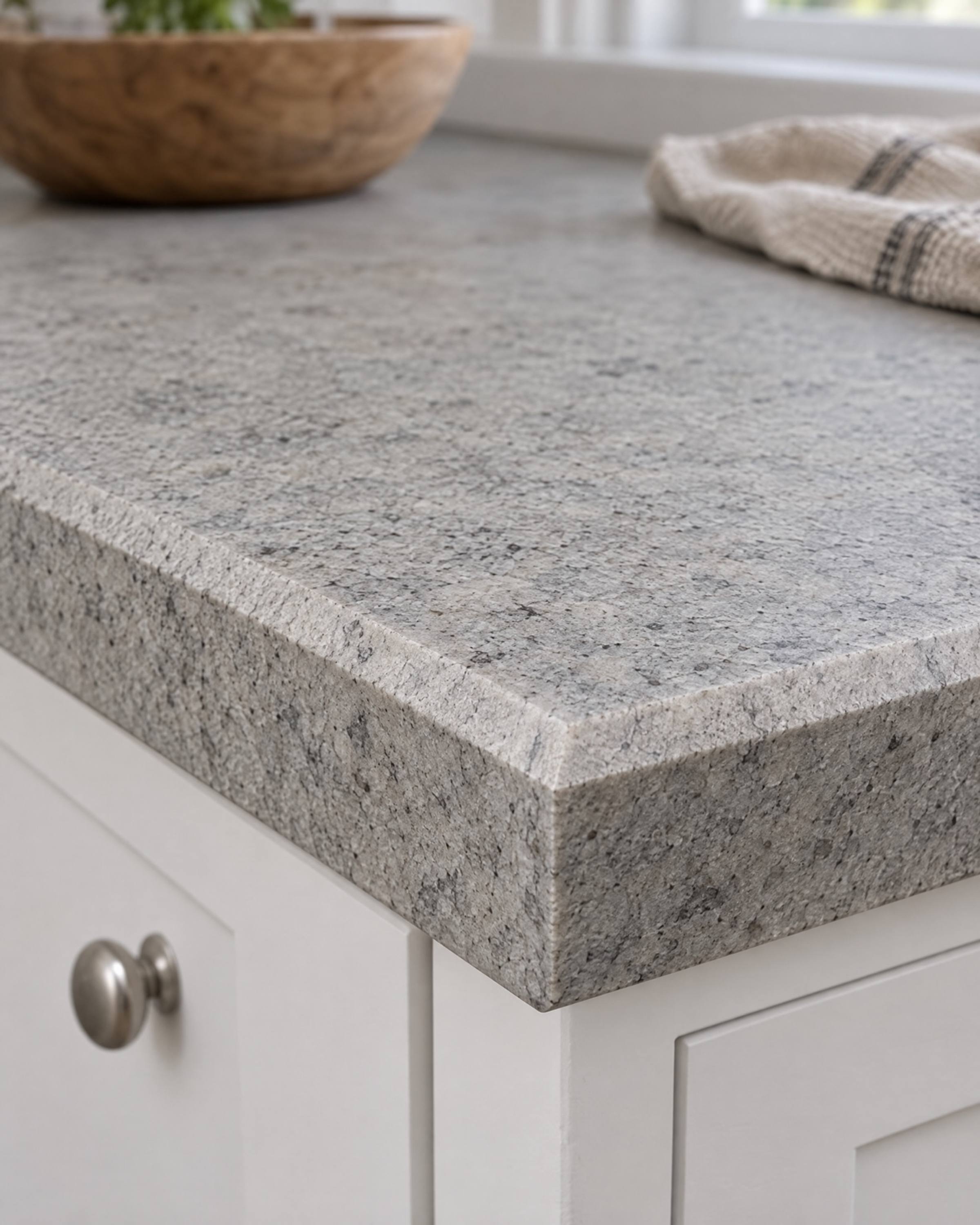 A honed grey granite countertop with the top corner cut into a narrow angled facet, on white cabinets