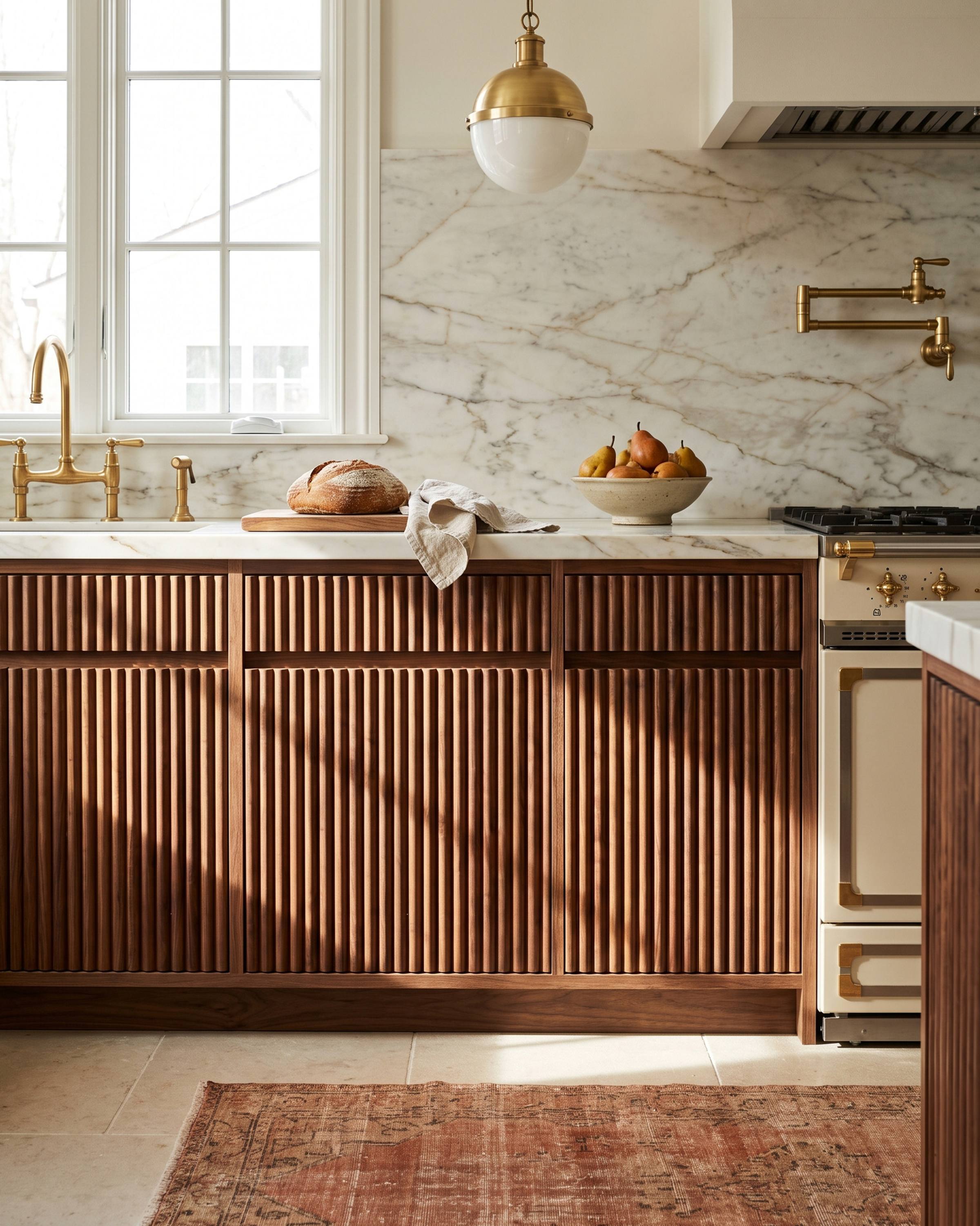 A close view of reeded walnut lower cabinets, bold convex ribs across three doors and their drawers in raking light, under a honed Calacatta Gold counter and slab backsplash beside a cream range