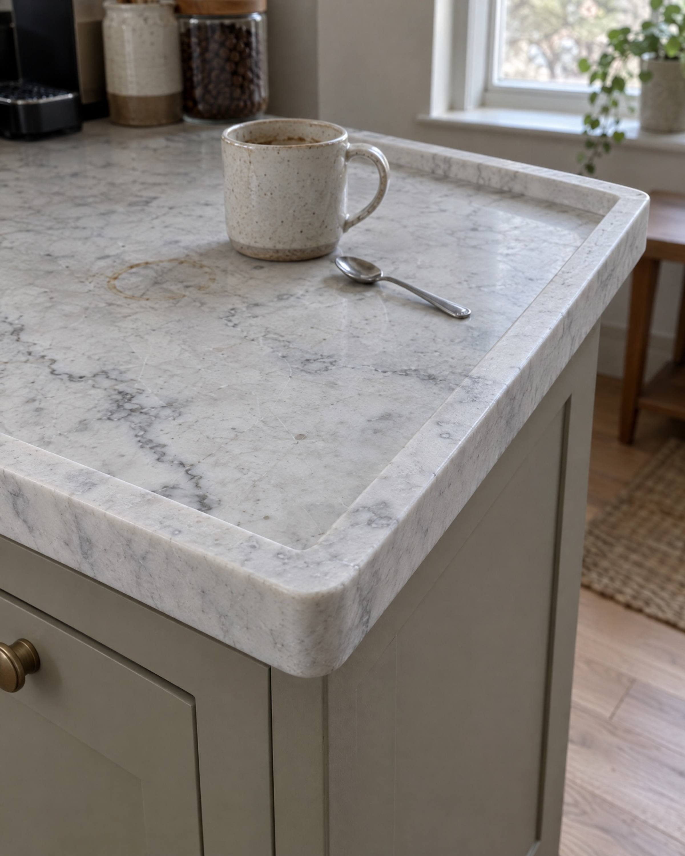 A marble coffee bar top with a raised rim around its edge, a mug and a spoon inside it