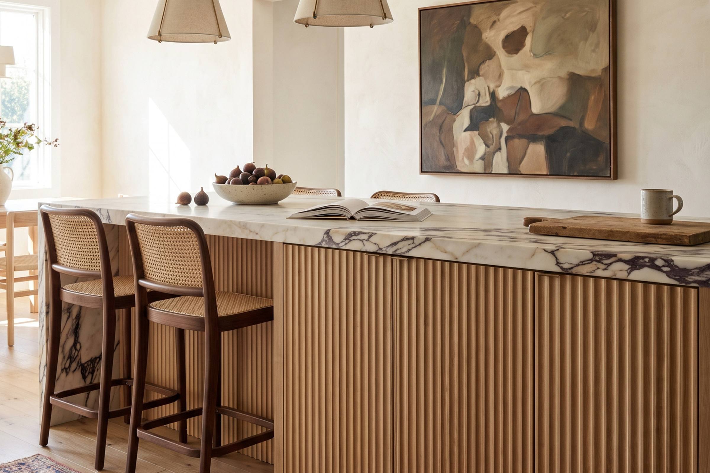 A kitchen island clad in fluted white oak doors with vertical concave grooves, under a thick honed Calacatta Viola top, cane counter stools and linen pendants