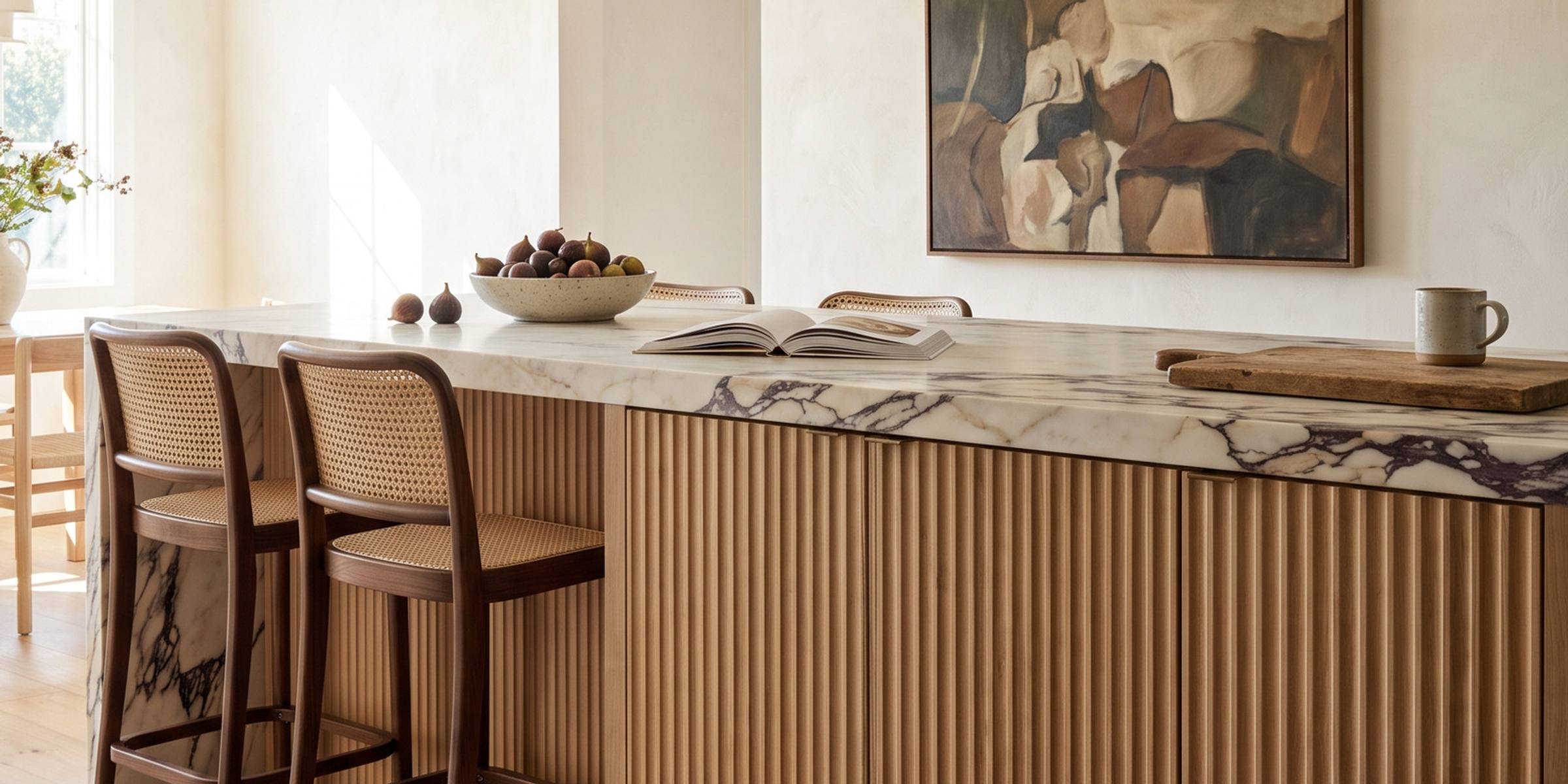 A kitchen island clad in fluted white oak doors with vertical concave grooves, under a thick honed Calacatta Viola top, cane counter stools and linen pendants