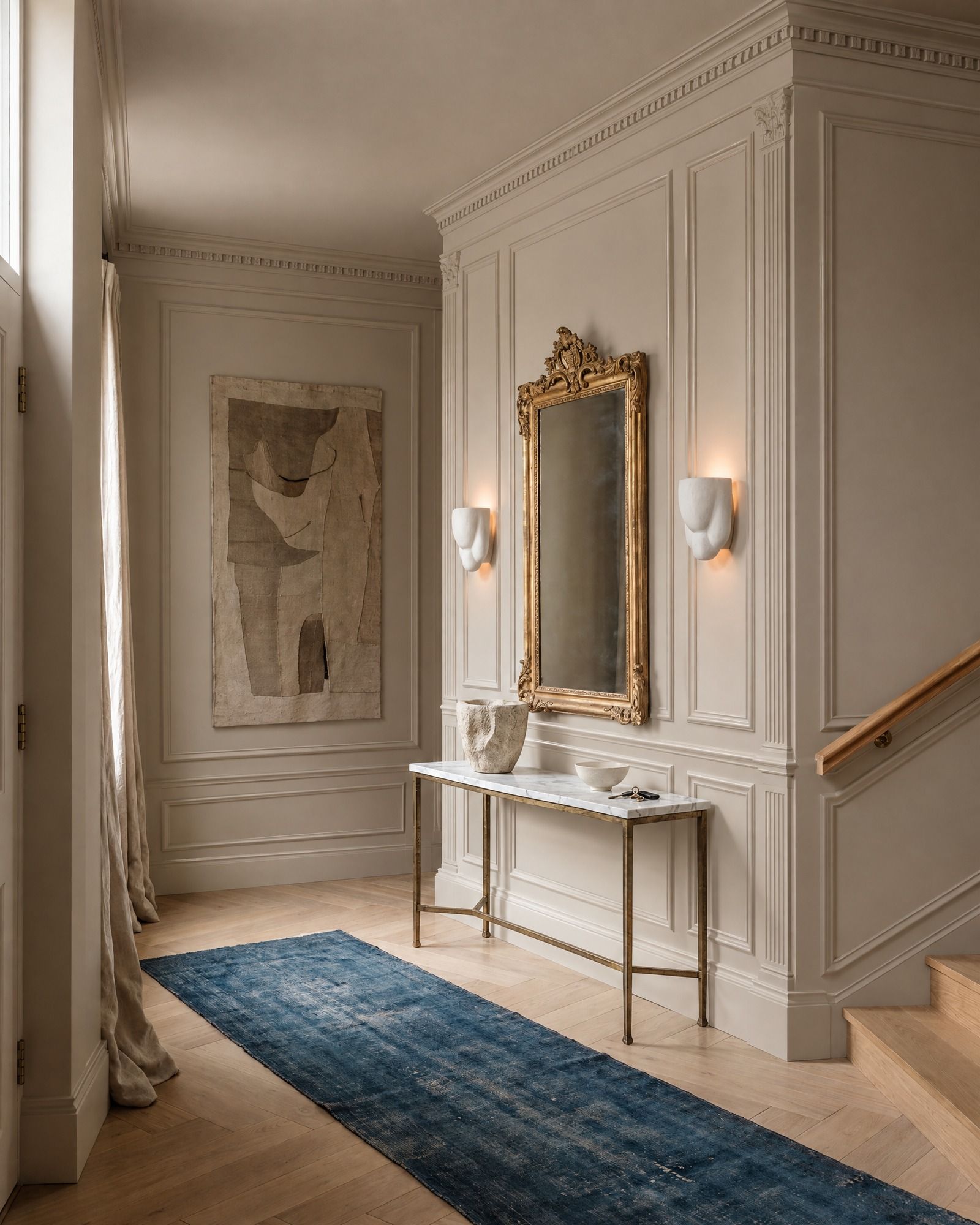 A greige entrance hall with a marble console and a gilt mirror, neo-classical panelling with fluted pilasters laid out around the mirror and the wall lights