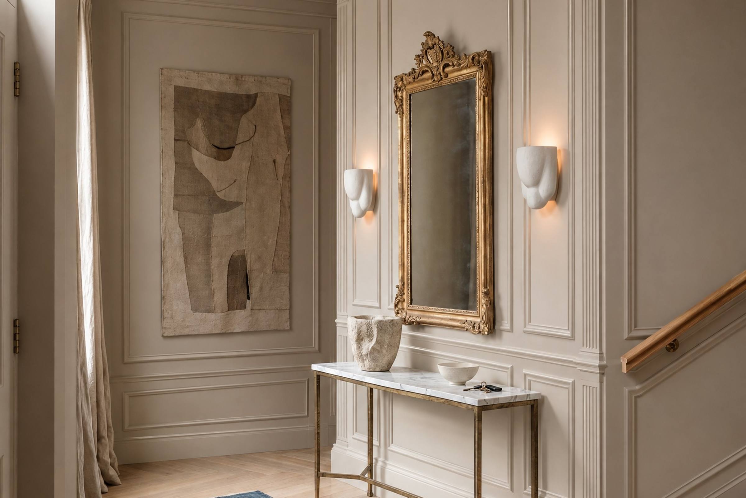 A greige entrance hall with a marble console and a gilt mirror, neo-classical panelling with fluted pilasters laid out around the mirror and the wall lights