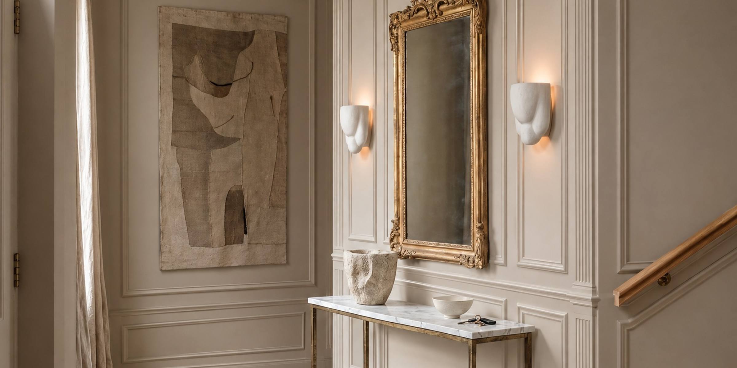 A greige entrance hall with a marble console and a gilt mirror, neo-classical panelling with fluted pilasters laid out around the mirror and the wall lights