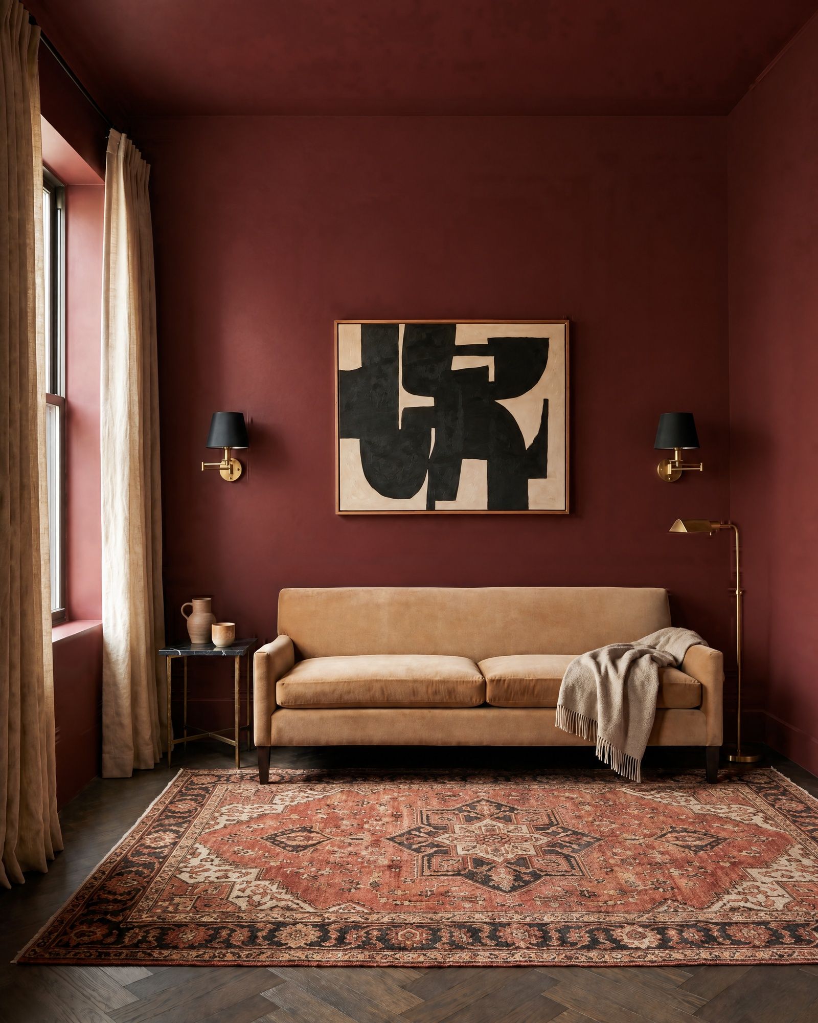 The same oxblood sitting room with plain walls