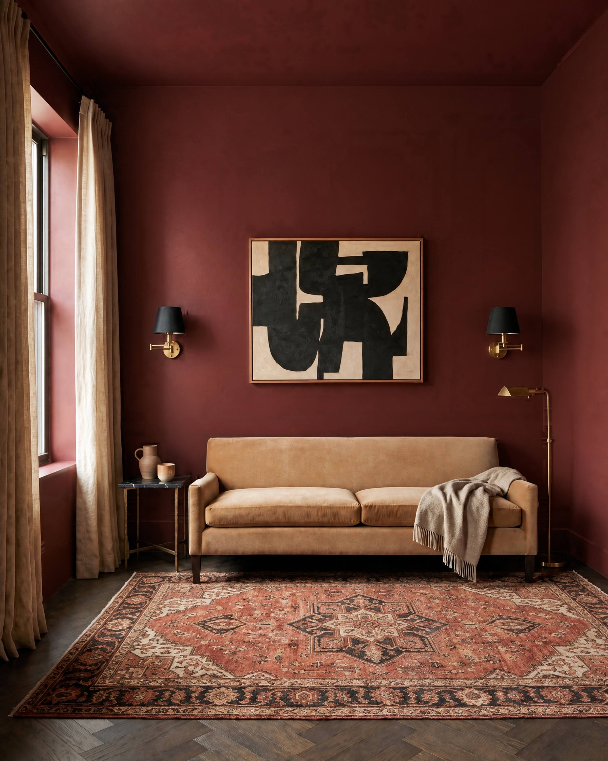 The same oxblood sitting room with plain walls