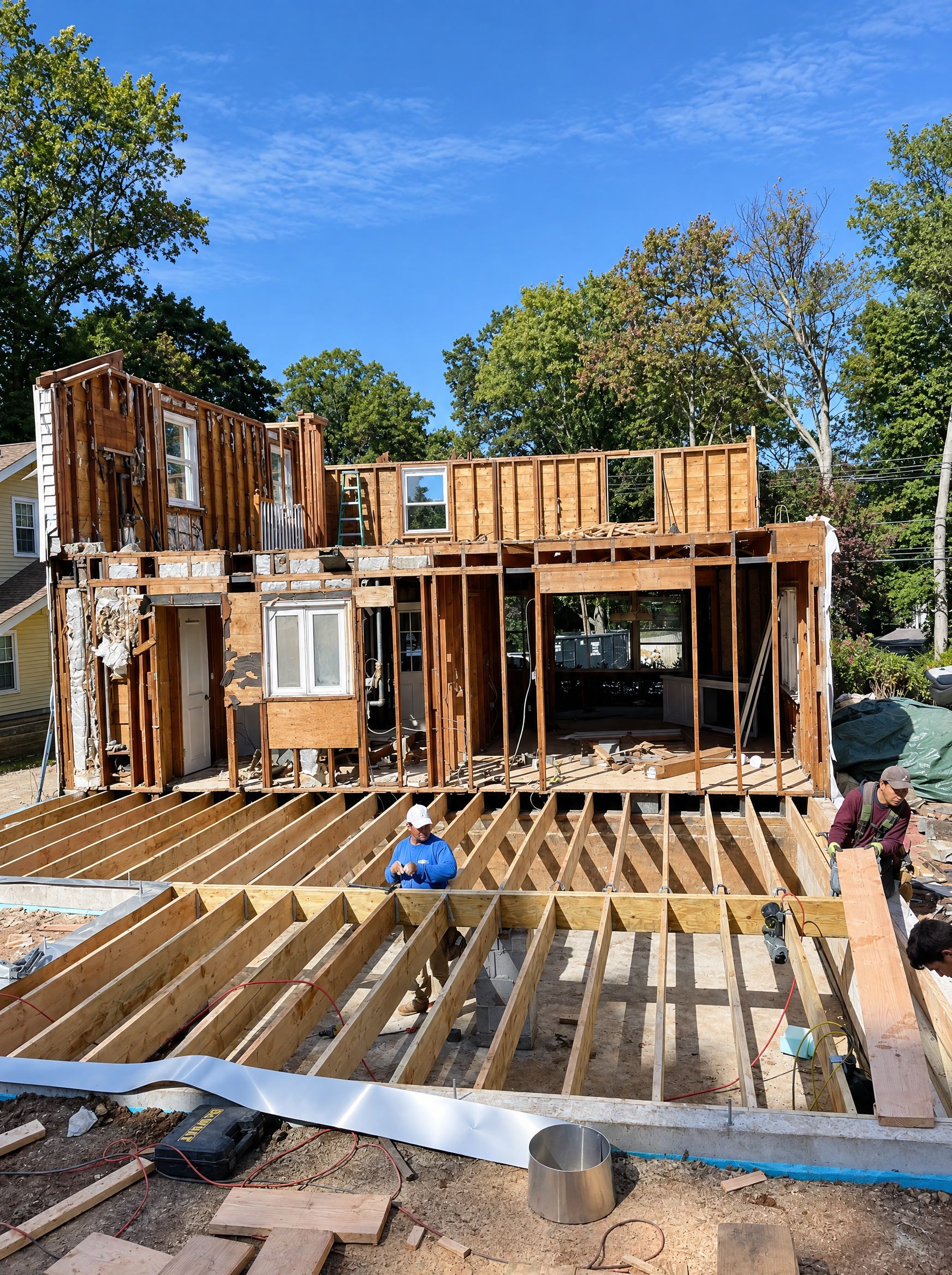 The old house stripped to its studs, the first-floor joists of the addition laid in front, two carpenters at work