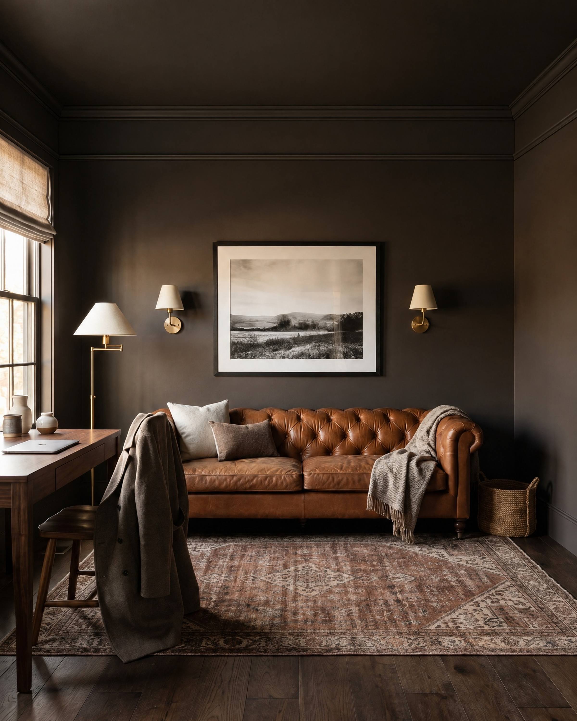 A brown-black study with a leather chesterfield and a framed photograph, a picture rail added around the room 18 inches below the ceiling with a small crown above