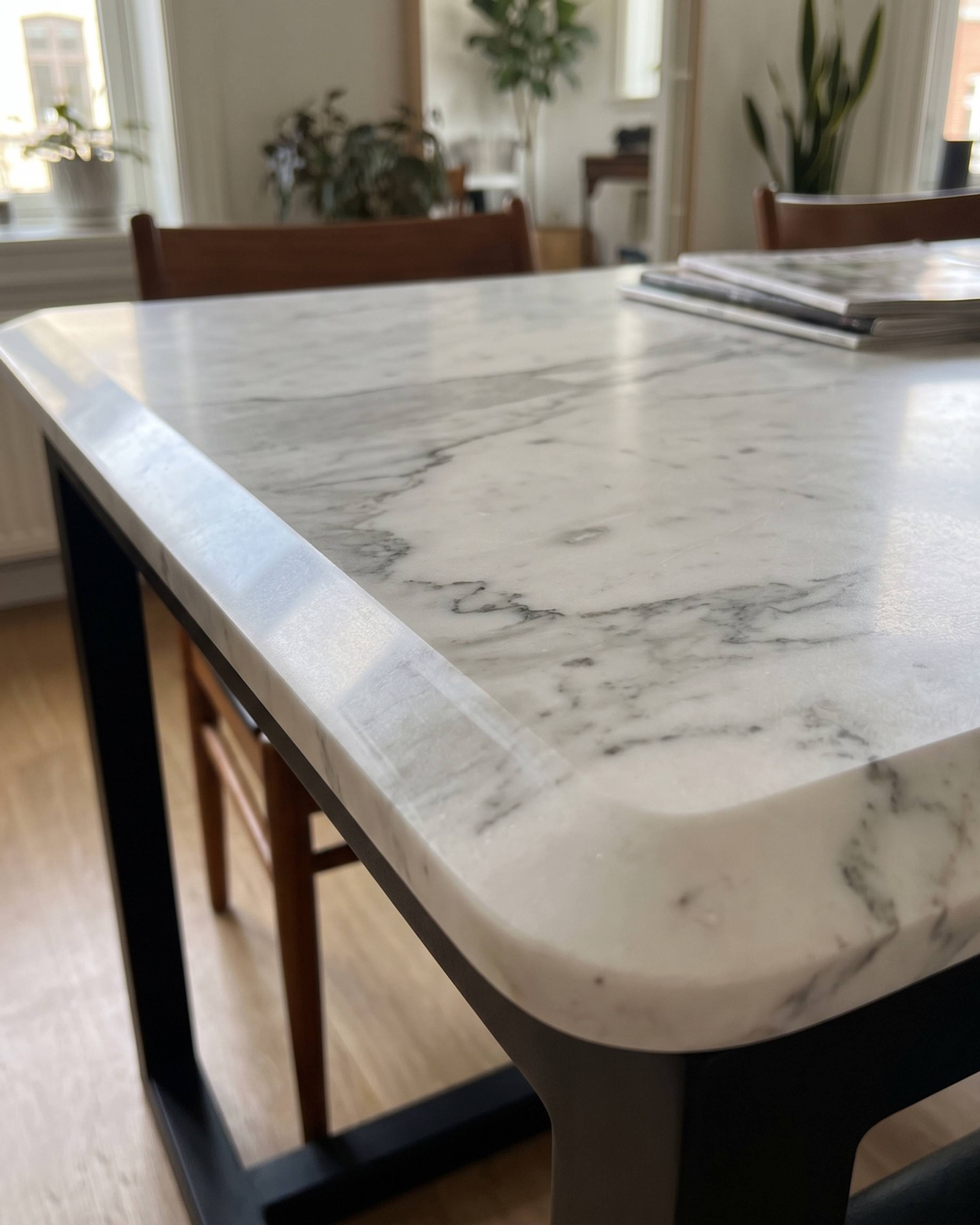 A white marble table top with a wide, shallow slope running around its edge