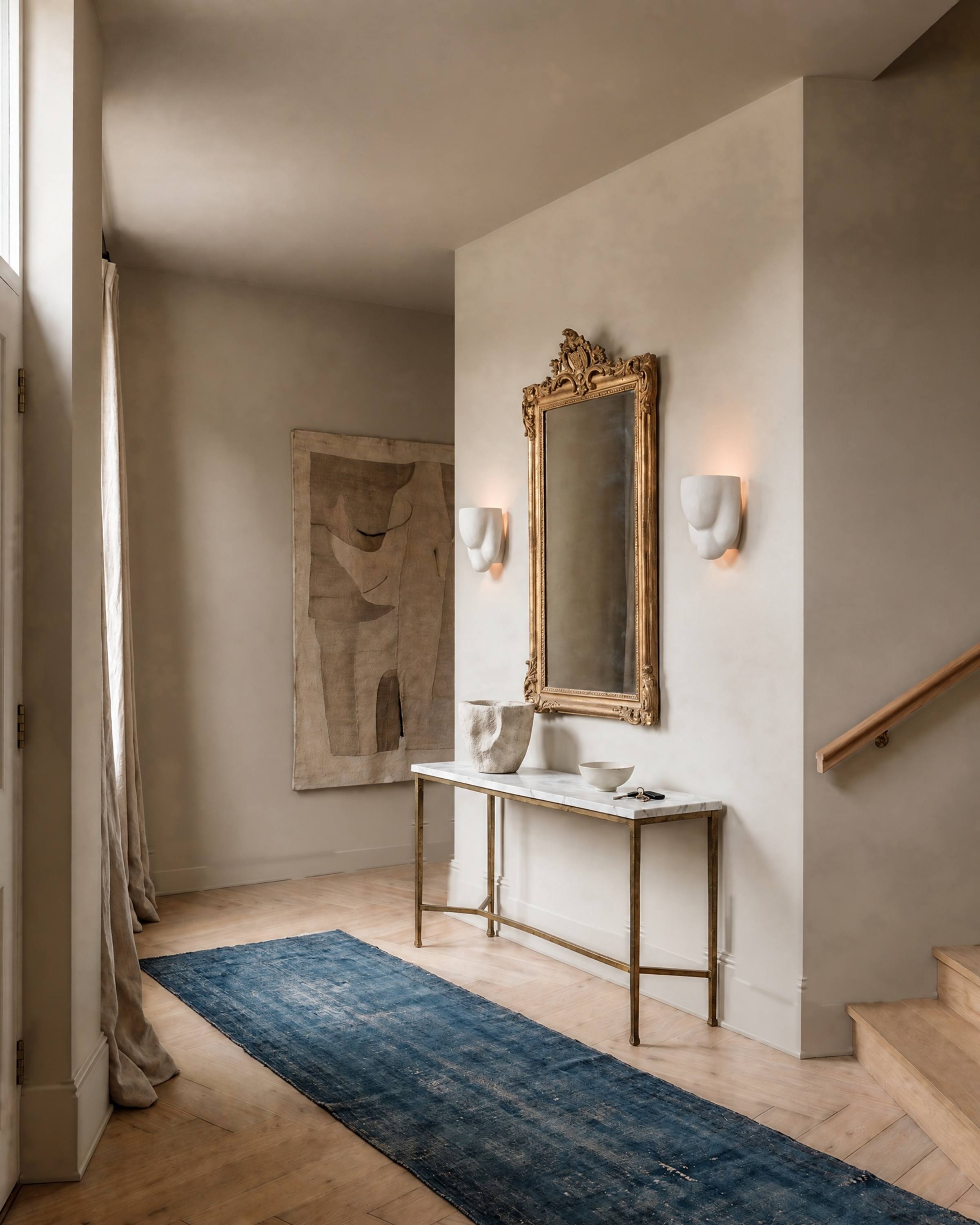 The same greige entrance hall with a plain 4-inch baseboard
