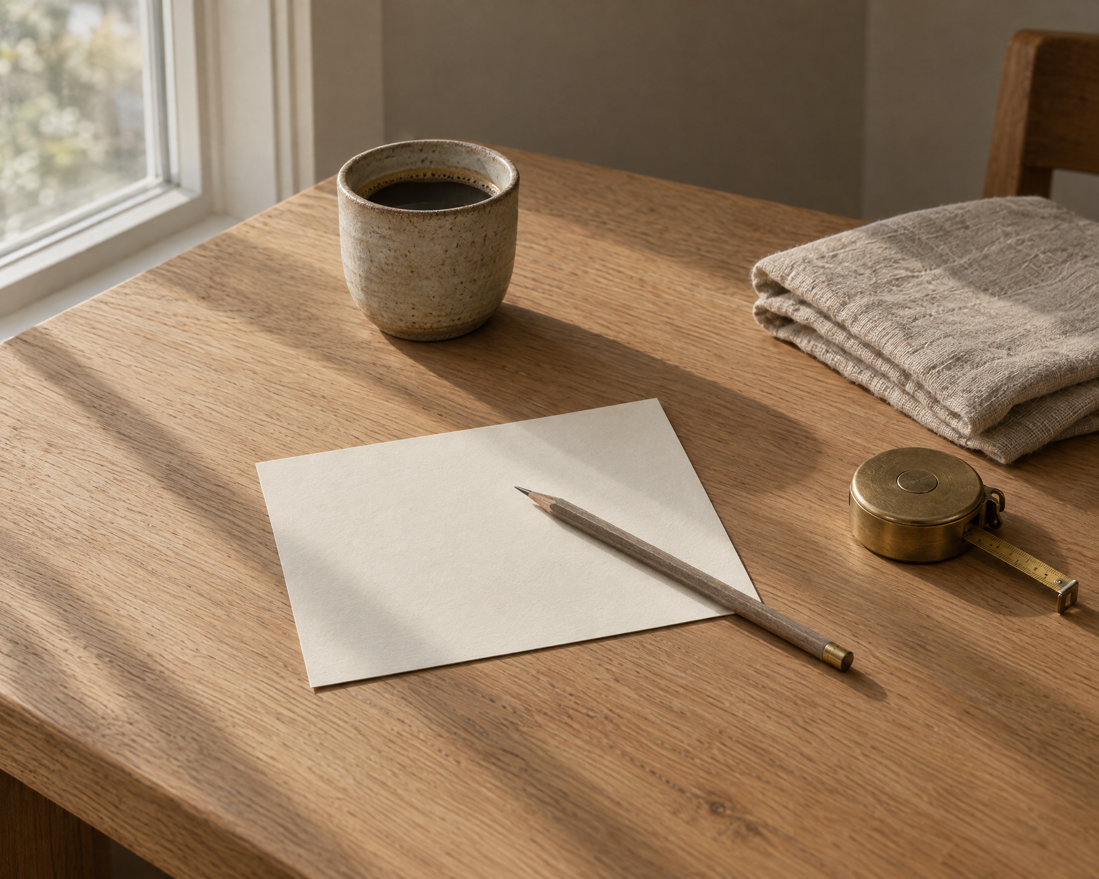 A blank letter card and a pencil on a white oak table by a window, with a linen napkin, a cup of coffee and a brass tape measure