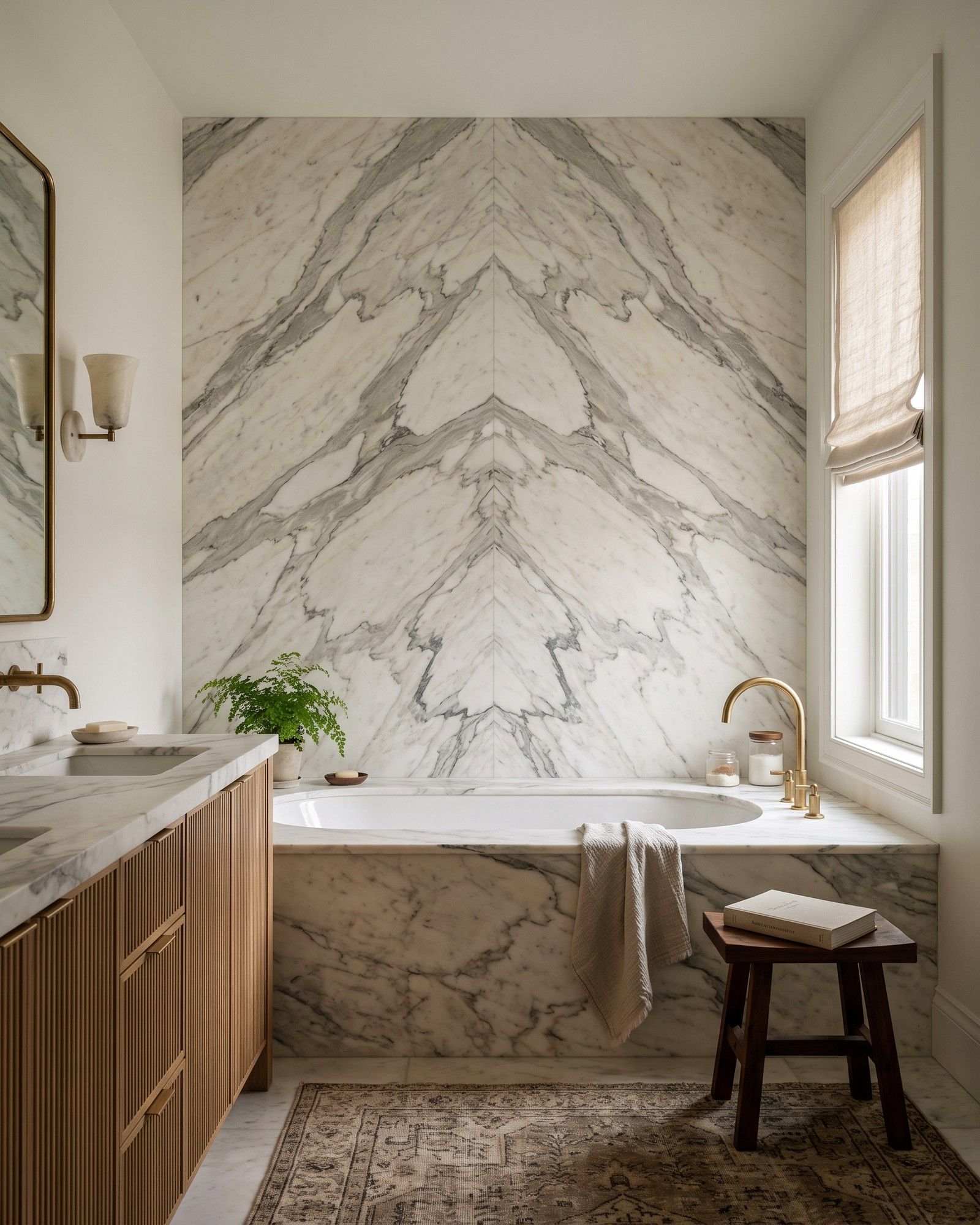 A primary bathroom with bookmatched slab walls and a tub deck in honed Arabescato Corchia Max marble, large grey veins on warm white, a fluted oak vanity