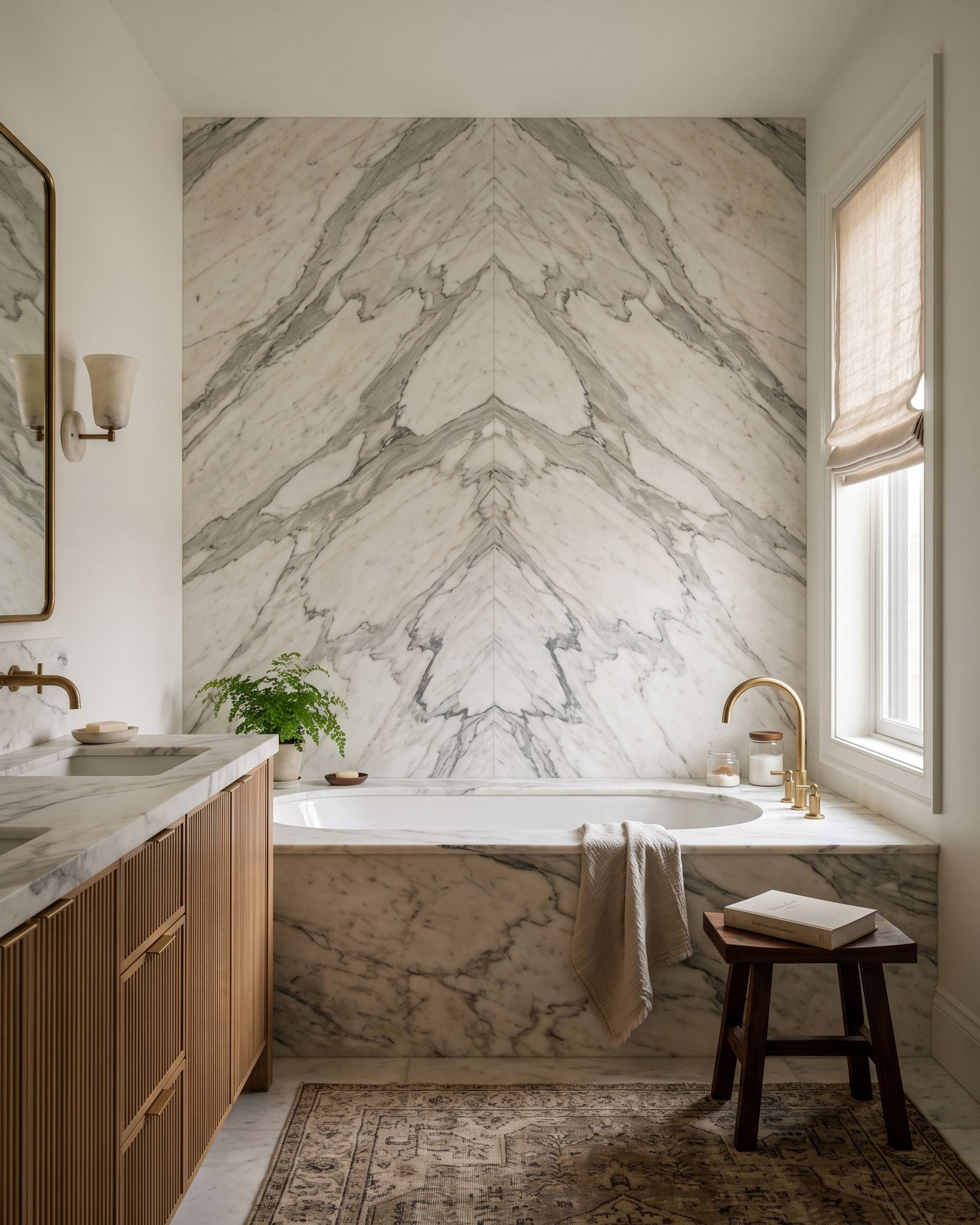 A primary bathroom with bookmatched slab walls and a tub deck in honed Arabescato Corchia Max marble, large grey veins on warm white, a fluted oak vanity