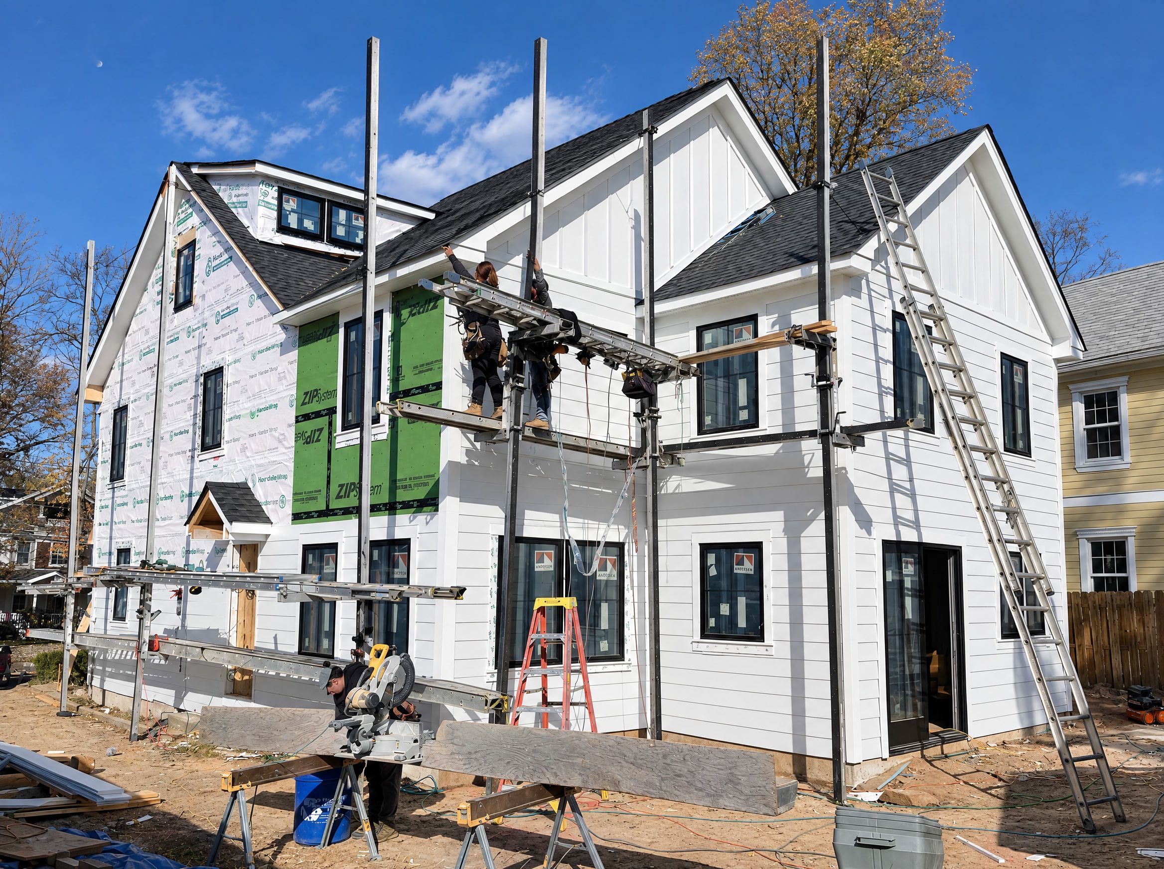 The front corner with board-and-batten gables and lap siding going on, workers on the staging