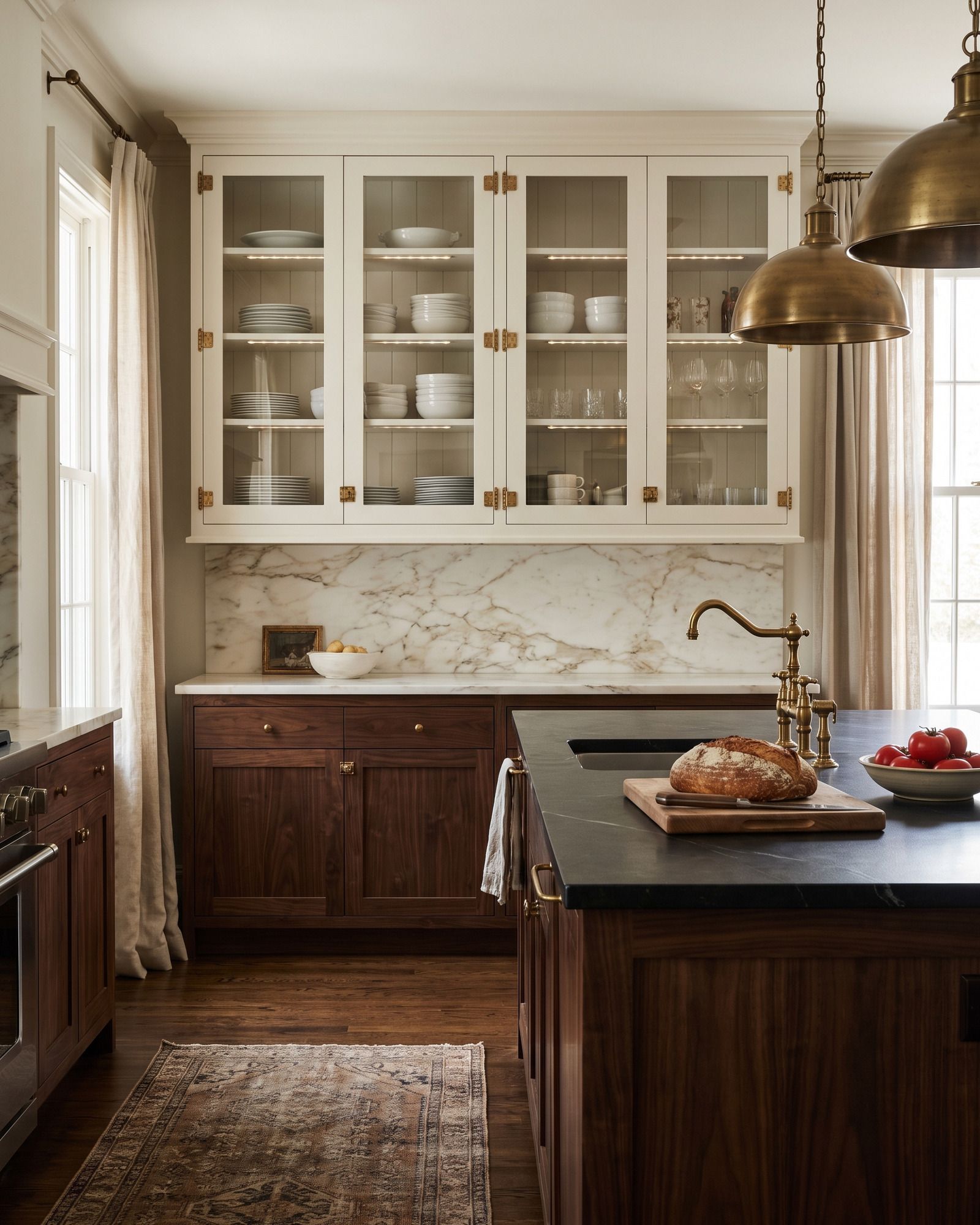 A kitchen with warm white inset upper cabinets with clear glass doors, brass butt hinges and latches, white plates lit inside, a Calacatta backsplash and a walnut island