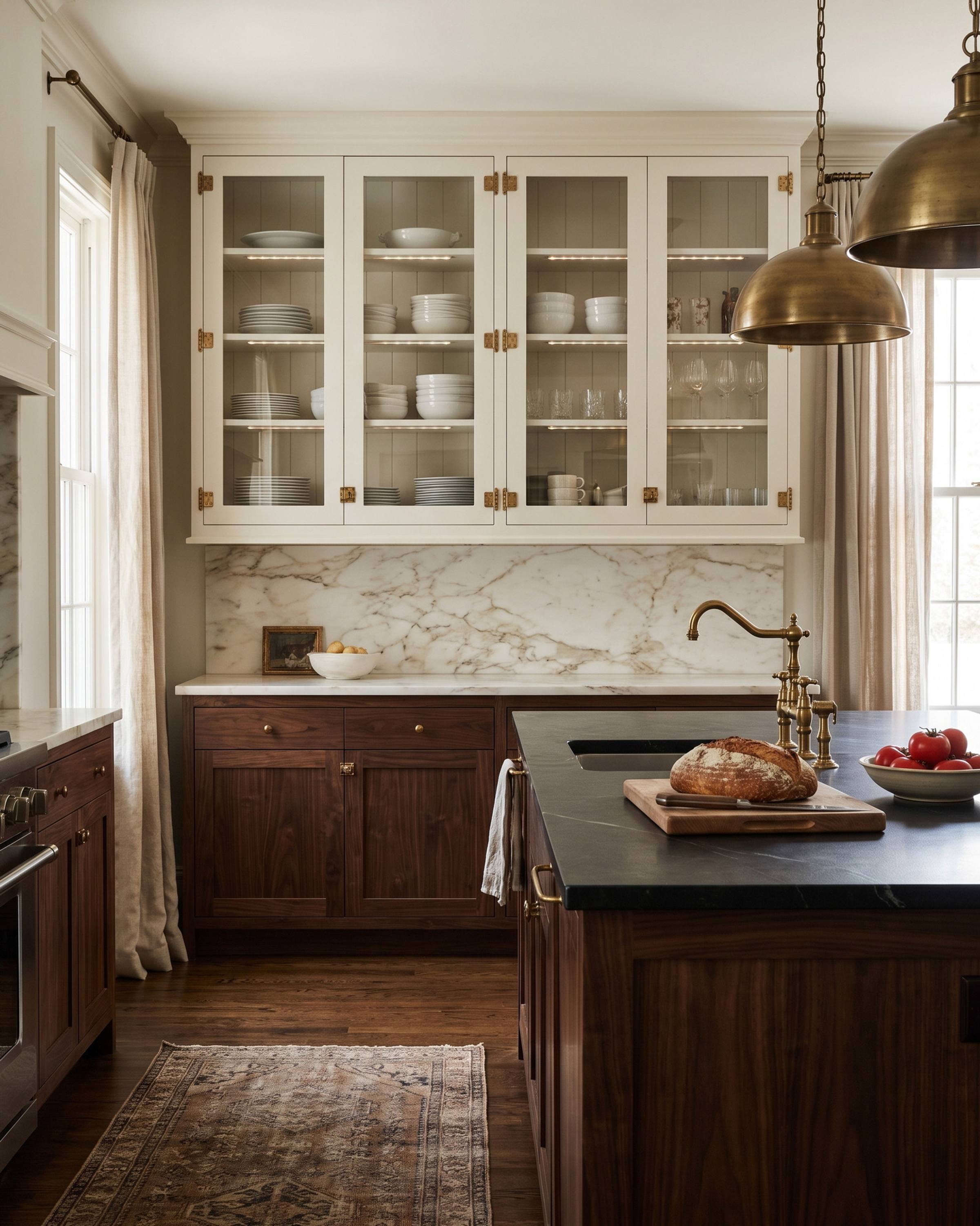 A kitchen with warm white inset upper cabinets with clear glass doors, brass butt hinges and latches, white plates lit inside, a Calacatta backsplash and a walnut island