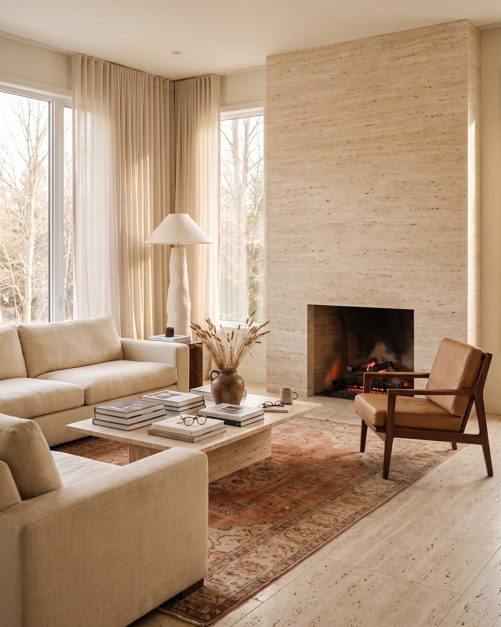A living room with honed ivory travertine on the floor, a full-height travertine fireplace wall and a travertine plinth coffee table