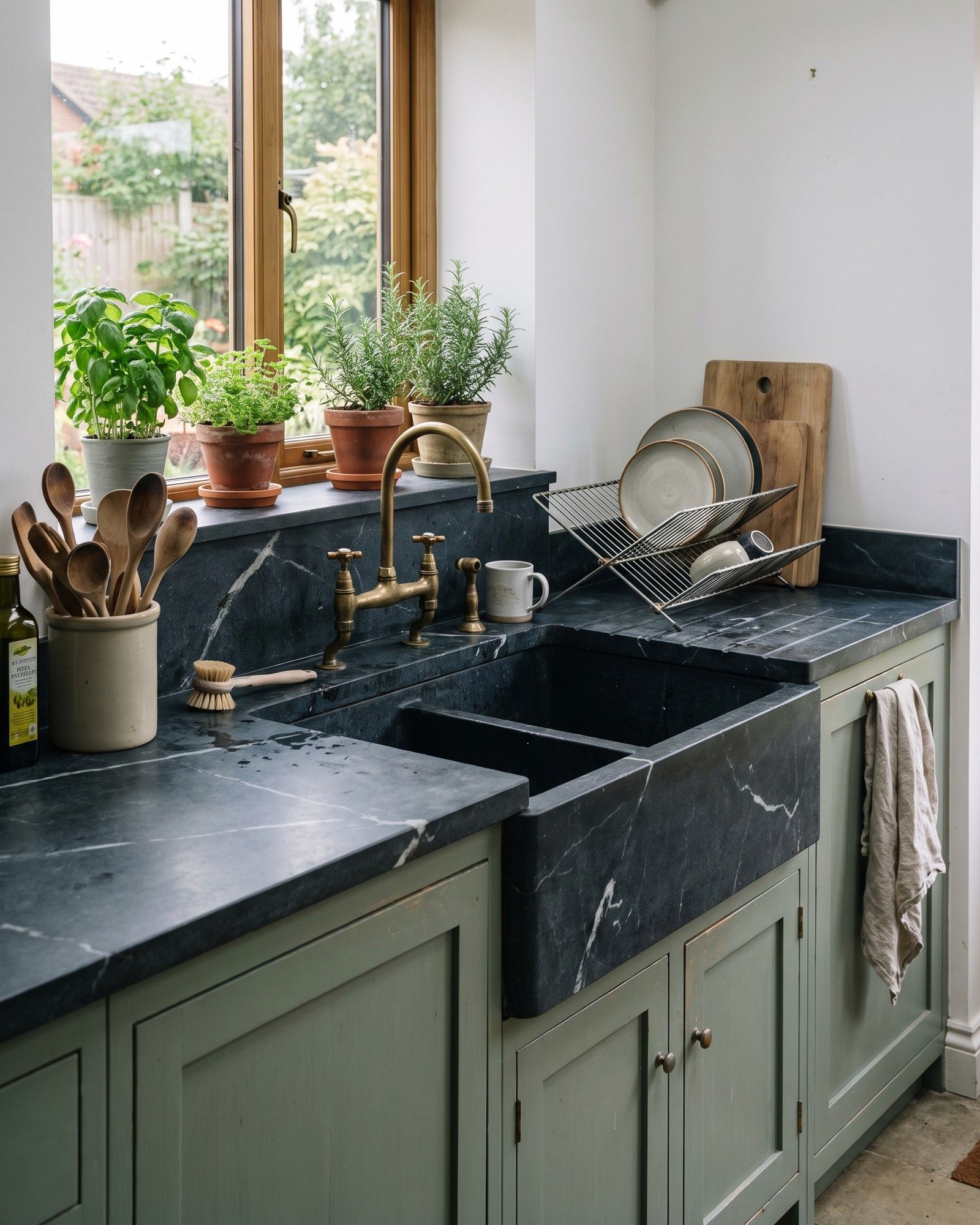 A kitchen counter and farmhouse sink in oiled charcoal soapstone with milky veins, sage green cabinets and a brass tap